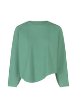 The AURORA PLEATS by me ISSEY MIYAKE is a light green, lightweight long-sleeved top with a draped silhouette, pleated design, round neckline, and asymmetrical hem, shown against a plain white background. - SAGE GREEN （no.61）