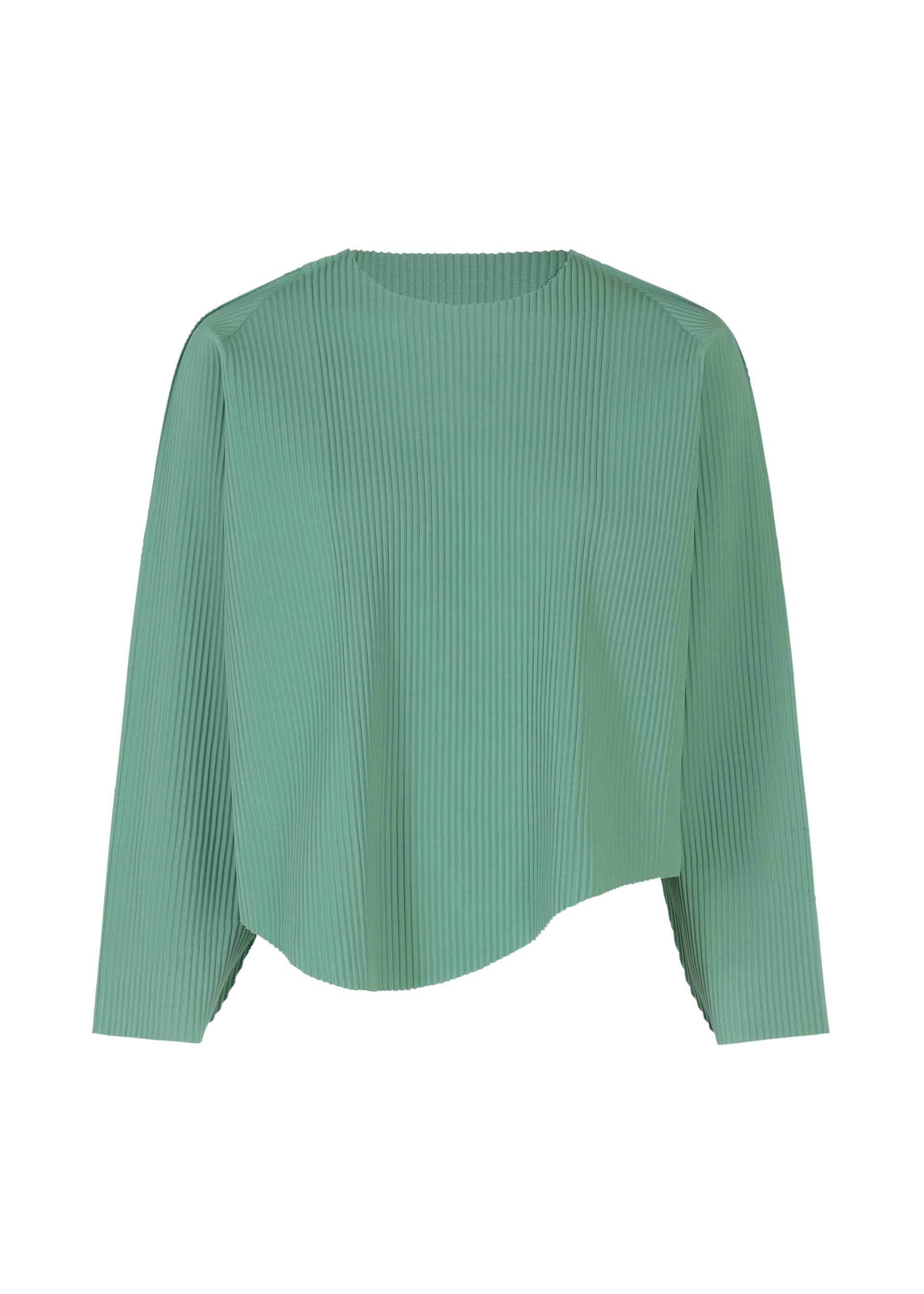 Zoomed view The AURORA PLEATS by me ISSEY MIYAKE is a light green, lightweight long-sleeved top with a draped silhouette, pleated design, round neckline, and asymmetrical hem, shown against a plain white background. - SAGE GREEN （no.61）