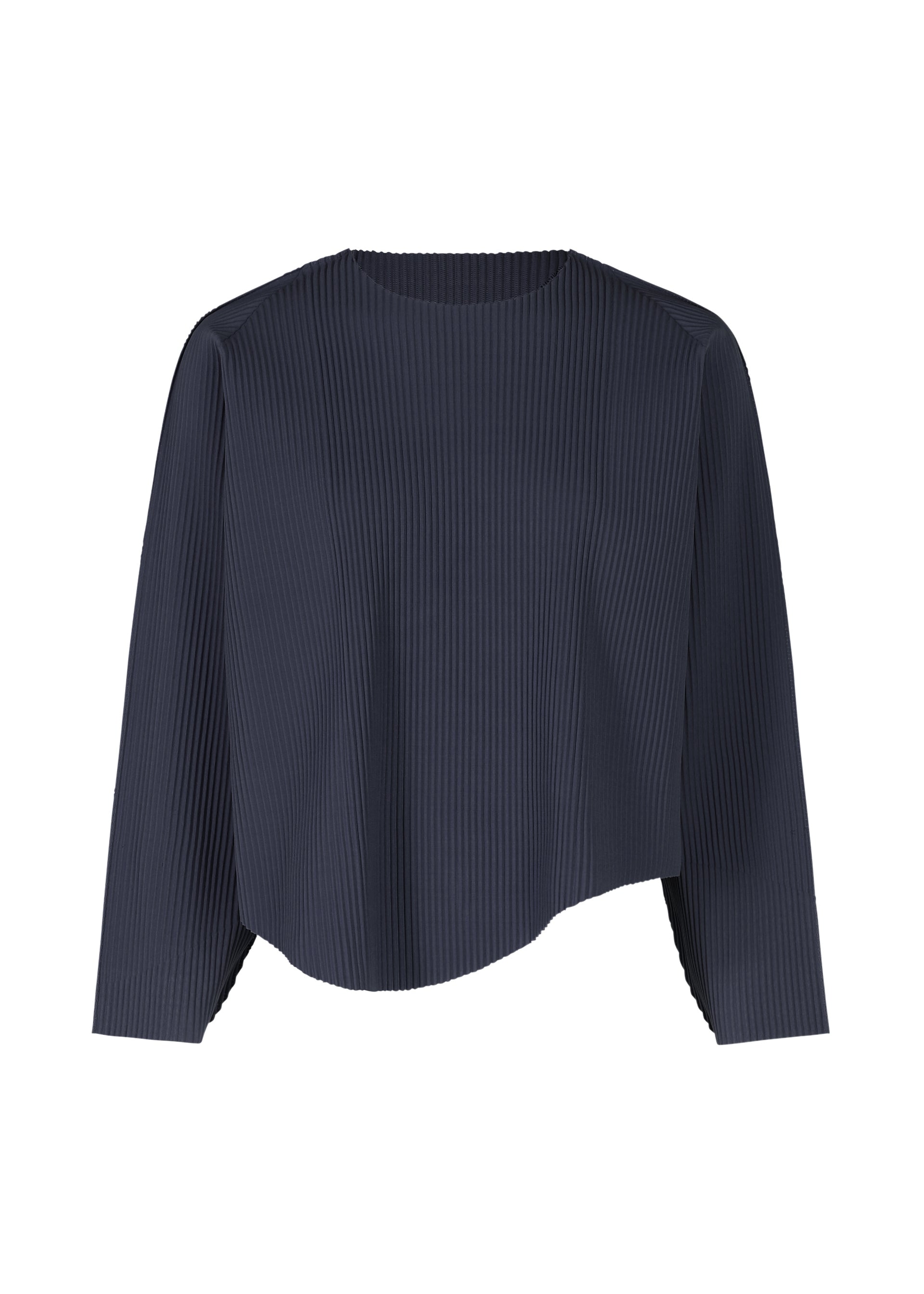 Zoomed view The AURORA PLEATS top by me ISSEY MIYAKE features long sleeves, dark navy fine knit with vertical pleats, a round neckline, and a slightly asymmetrical hem for a subtle draped look. The lightweight fabric offers a unique textured finish. - NAVY （no.75）