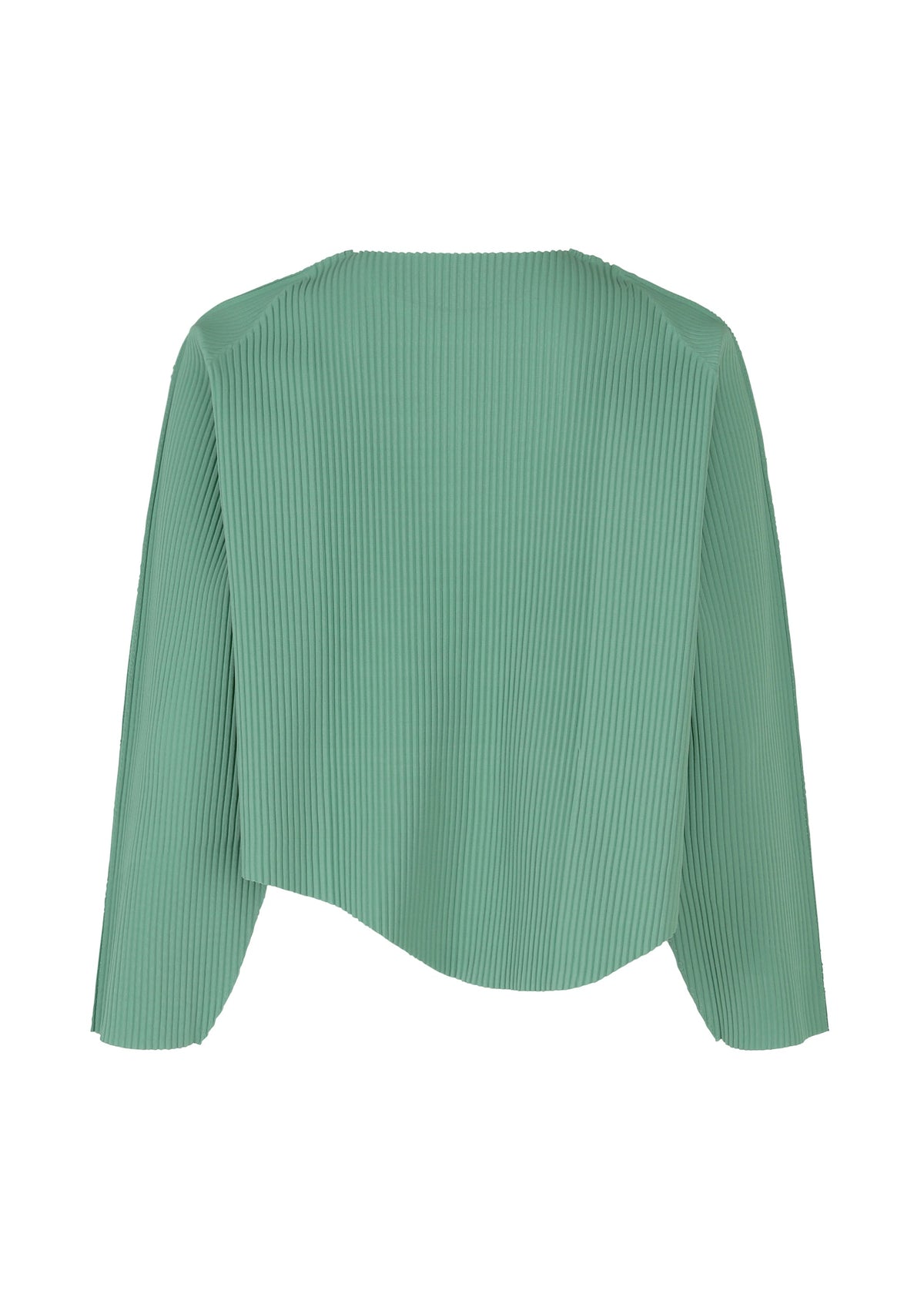 The AURORA PLEATS top by me ISSEY MIYAKE is a sage green, lightweight, long-sleeved blouse with fine knit pleats and a draped, loose silhouette, finished with a straight hem and free from buttons or visible embellishments. view 4 of 8