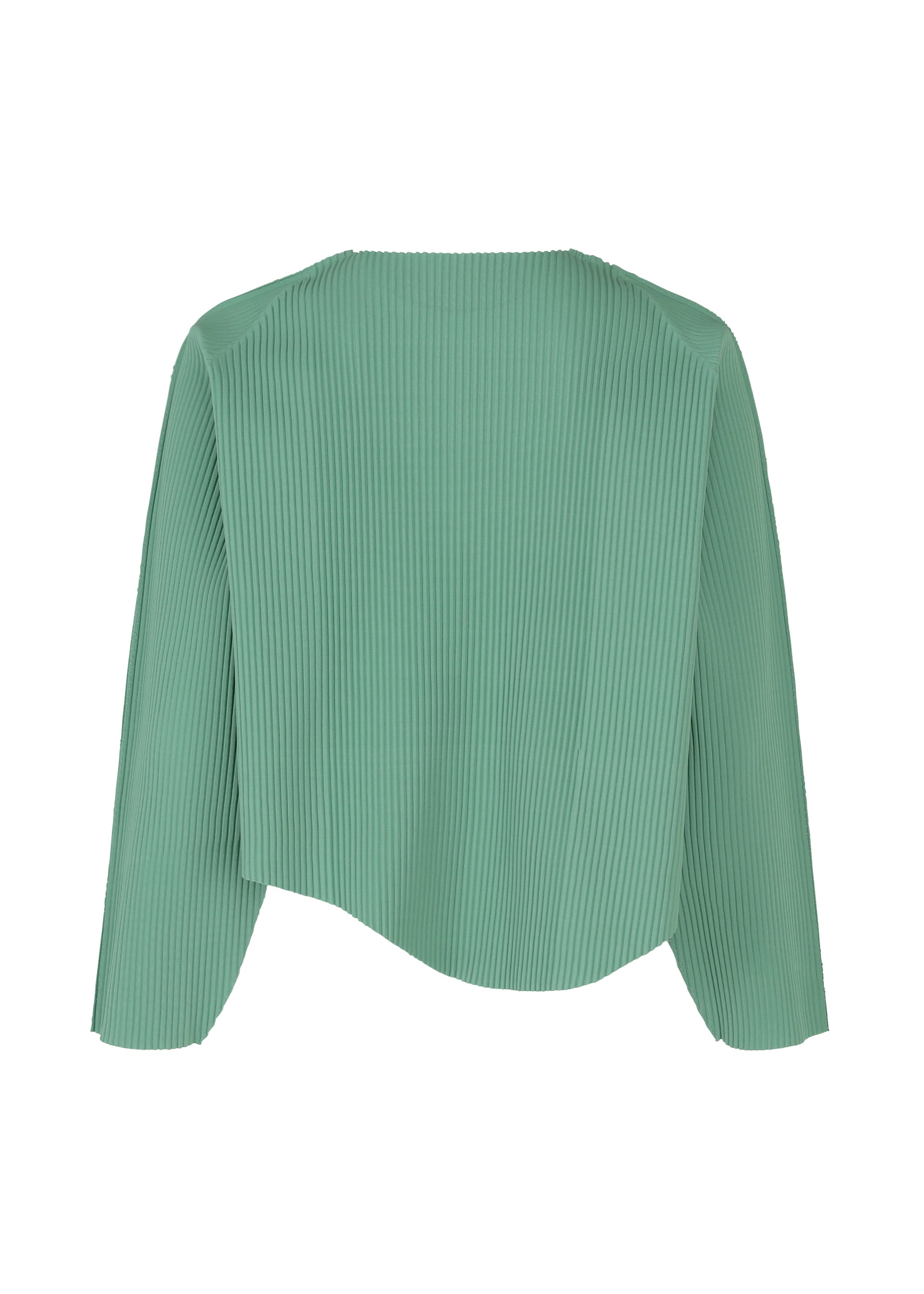 Zoomed view The AURORA PLEATS top by me ISSEY MIYAKE is a sage green, lightweight, long-sleeved blouse with fine knit pleats and a draped, loose silhouette, finished with a straight hem and free from buttons or visible embellishments.