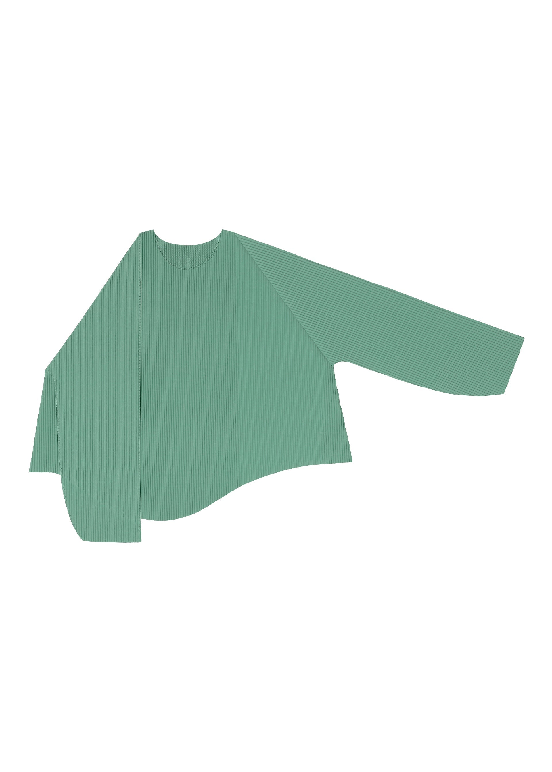 Zoomed view The AURORA PLEATS by me ISSEY MIYAKE is a mint green asymmetric long-sleeve top with fine vertical stripes, an uneven hem, and a softly draped silhouette.