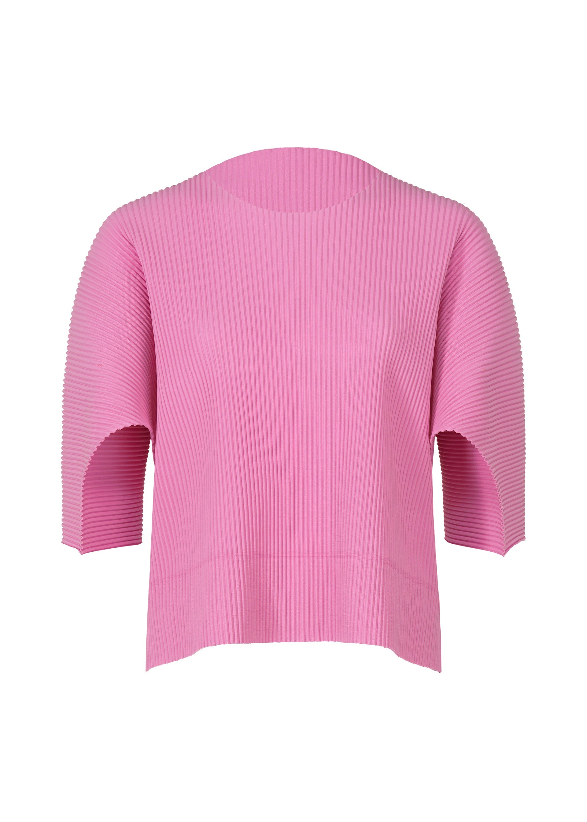 Zoomed view The TRICK PLEATS top by me ISSEY MIYAKE is a pink, short-sleeved, boxy-fit knit with elbow-length sleeves, a round neckline, and fine pleats for a lightweight textured look. - ROSE PINK （no.21）