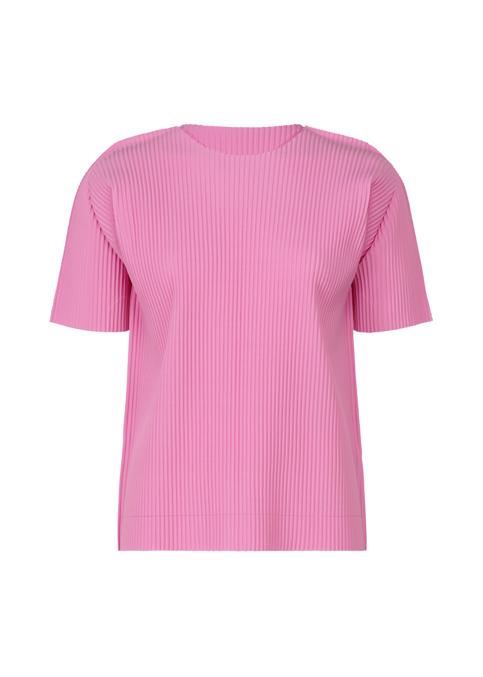 Zoomed view The FINE KNIT PLEATS COLOR 2 by me ISSEY MIYAKE is a short-sleeved, round-neck top in solid pink with vertical ribbed texture and fine knit pleats, shown against a plain white background. - ROSE PINK （no.21）