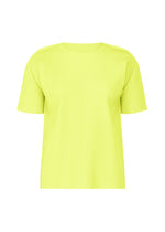 The FINE KNIT PLEATS COLOR 2 by me ISSEY MIYAKE is a short-sleeved, bright yellow round-neck top with fine knit pleats and a ribbed texture, shown against a plain white background. - CITRUS YELLOW （no.50）