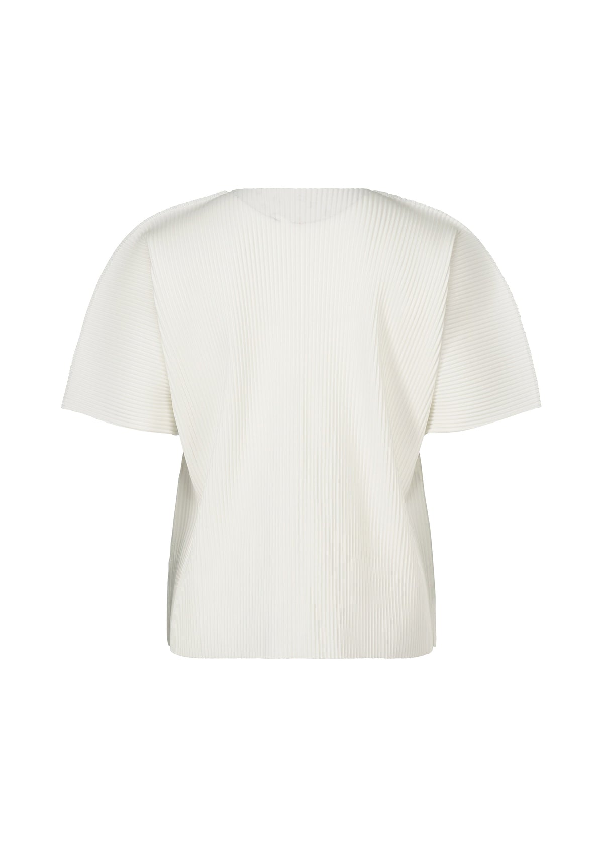 The MAGIC FINE KNIT PLEATS T by me ISSEY MIYAKE is a white, short-sleeved top with fine knit pleats, a loose fit, and round neckline, shown against a plain white background. view 3 of 7