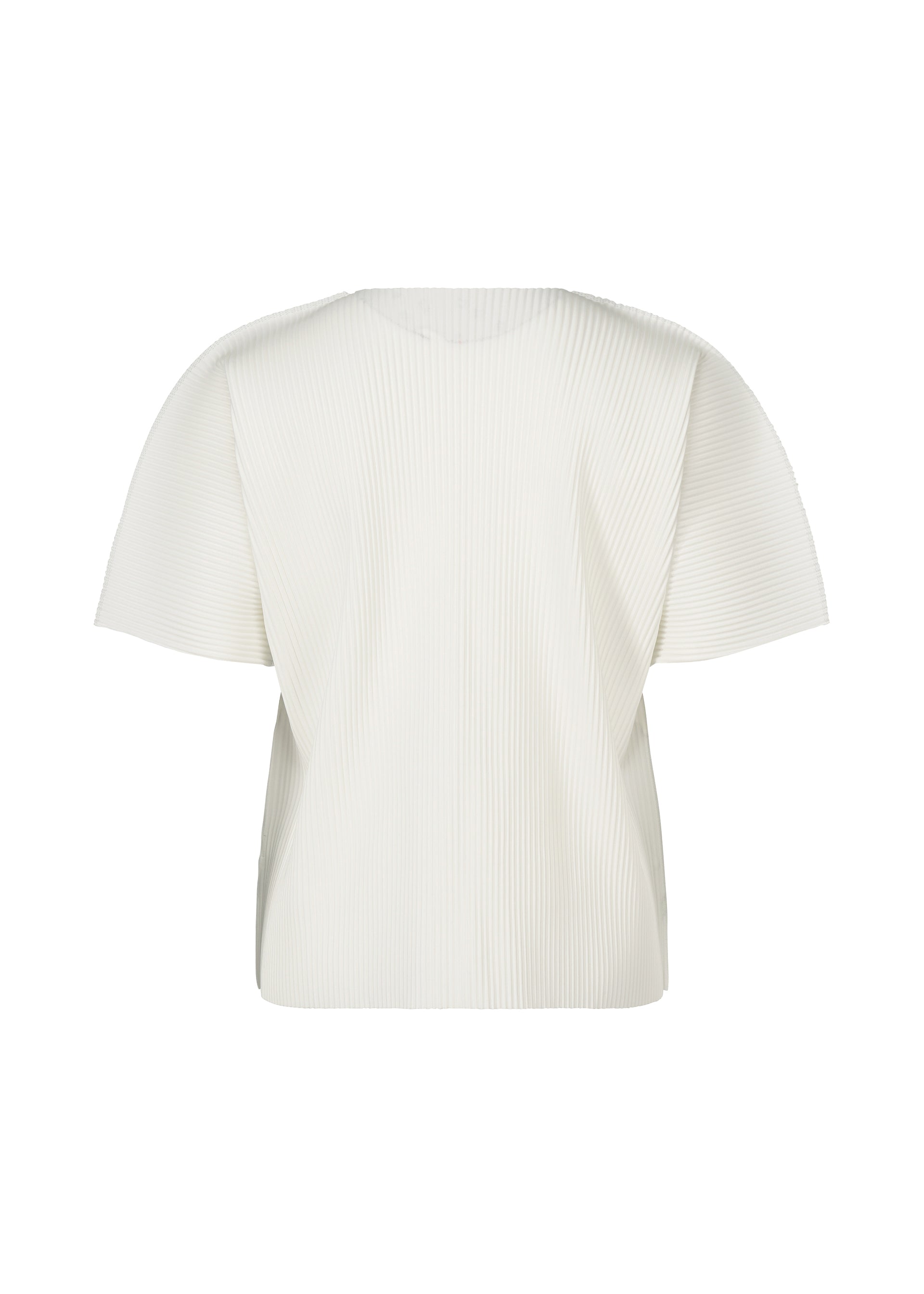 Zoomed view The MAGIC FINE KNIT PLEATS T by me ISSEY MIYAKE is a white, short-sleeved top with fine knit pleats, a loose fit, and round neckline, shown against a plain white background.