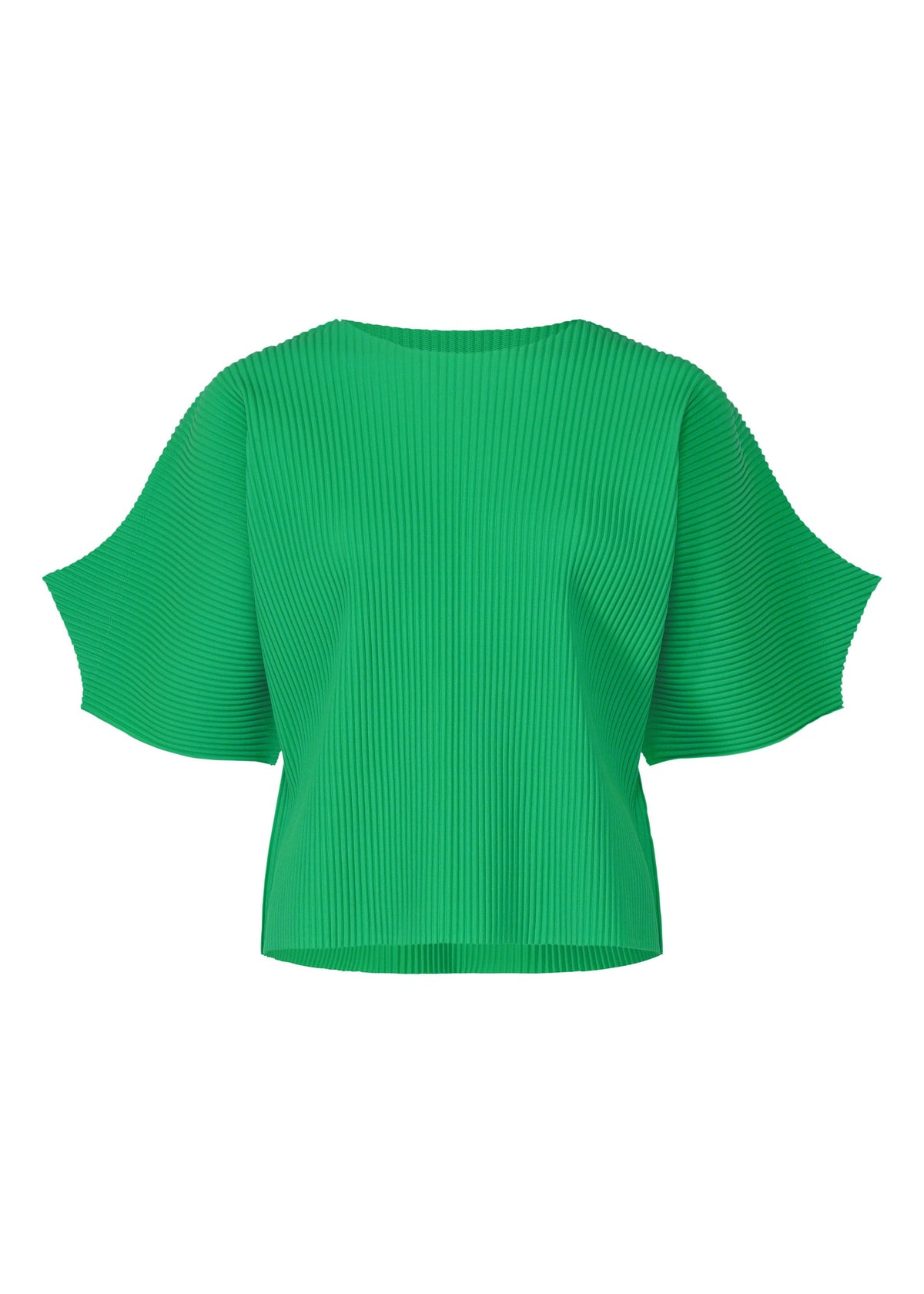 The GIZA GIZA PLEATS top by me ISSEY MIYAKE is a bright green, boxy, short-sleeved knit with a round neckline and finely pleated fabric. Its wide, loose sleeves offer a relaxed fit. view 3 of 8