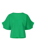 The GIZA GIZA PLEATS top by me ISSEY MIYAKE is a bright green, boxy, short-sleeved knit with a round neckline and finely pleated fabric. Its wide, loose sleeves offer a relaxed fit. - COBALT GREEN （no.64）