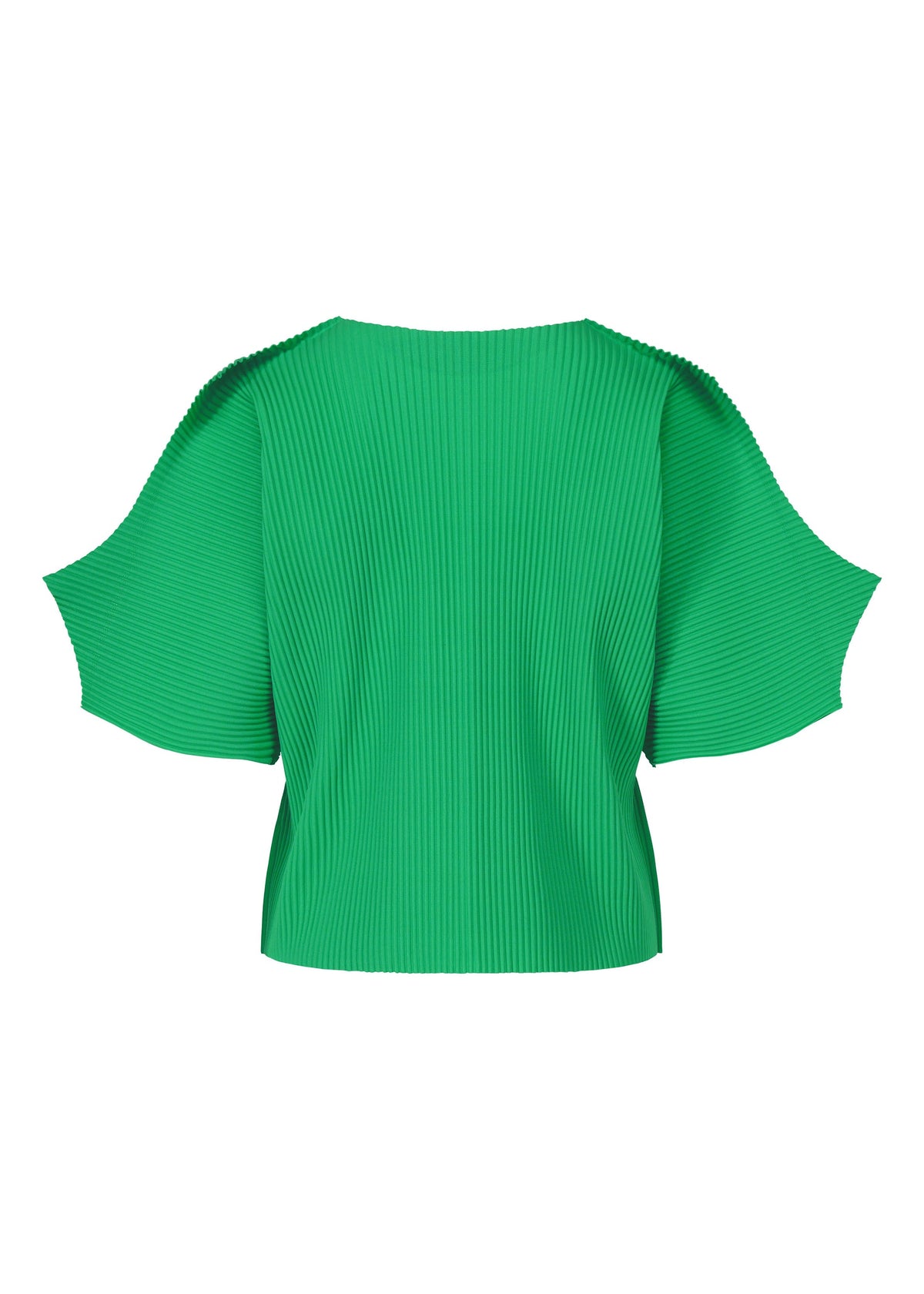 The GIZA GIZA PLEATS top by me ISSEY MIYAKE features fine knit pleats, wide angular short sleeves, and a boat neckline, shown here in green against a plain white background. view 4 of 8