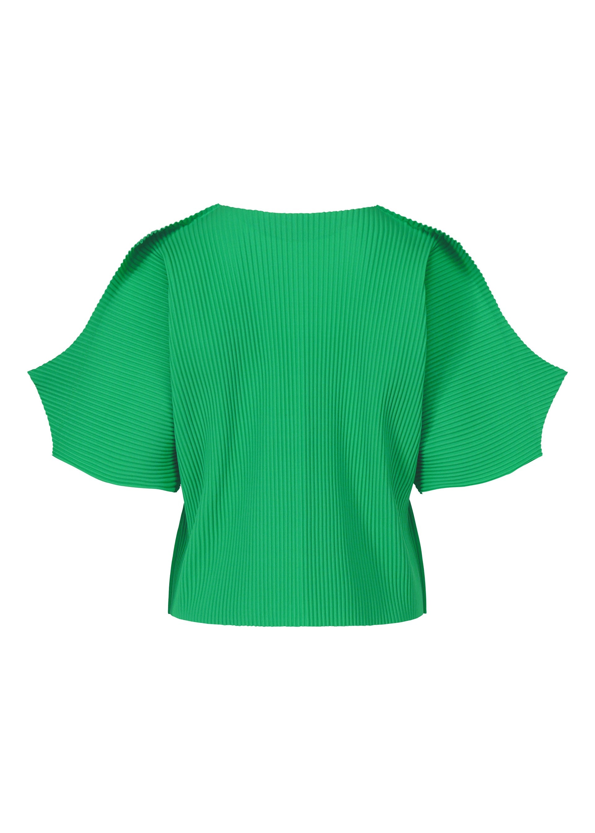 Zoomed view The GIZA GIZA PLEATS top by me ISSEY MIYAKE features fine knit pleats, wide angular short sleeves, and a boat neckline, shown here in green against a plain white background.