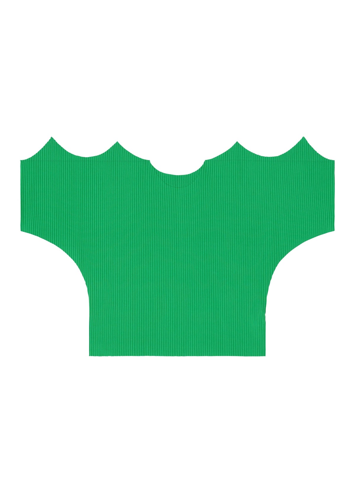 A flat lay of the GIZA GIZA PLEATS by me ISSEY MIYAKE—a bright green, ribbed knit short-sleeved top with a wide, cropped fit and scalloped edges—displayed on a plain white background. view 5 of 8
