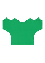 A flat lay of the GIZA GIZA PLEATS by me ISSEY MIYAKE—a bright green, ribbed knit short-sleeved top with a wide, cropped fit and scalloped edges—displayed on a plain white background.