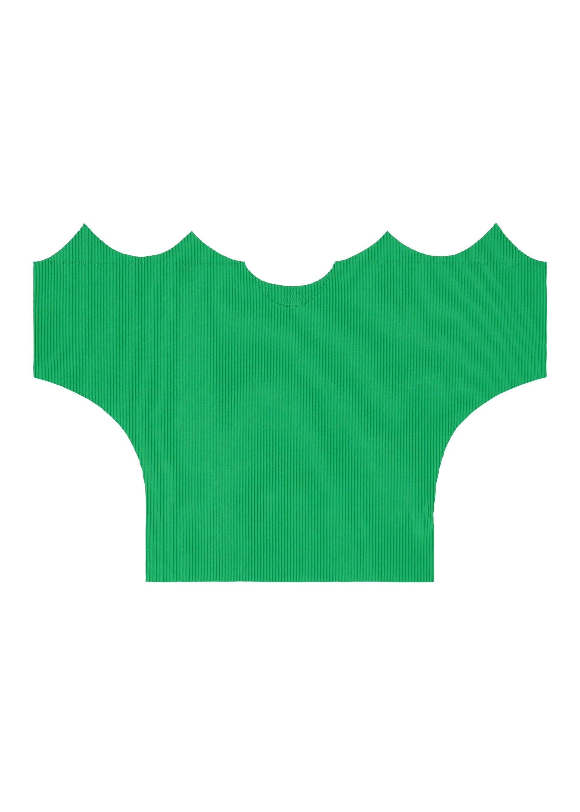 Zoomed view A flat lay of the GIZA GIZA PLEATS by me ISSEY MIYAKE—a bright green, ribbed knit short-sleeved top with a wide, cropped fit and scalloped edges—displayed on a plain white background.
