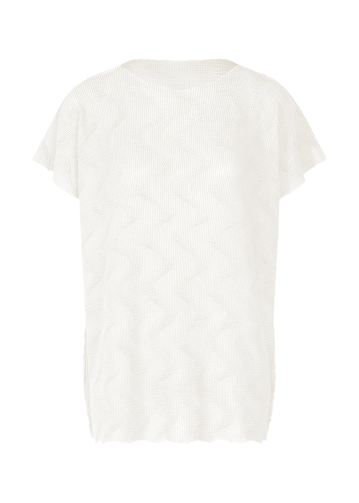 The WAVE KNIT STRETCH PLEATS by me ISSEY MIYAKE is a white, short-sleeved blouse with wave-like textures, a round neckline, minimalist design, slightly flared sleeves, and a straight hem. view 1 of 8