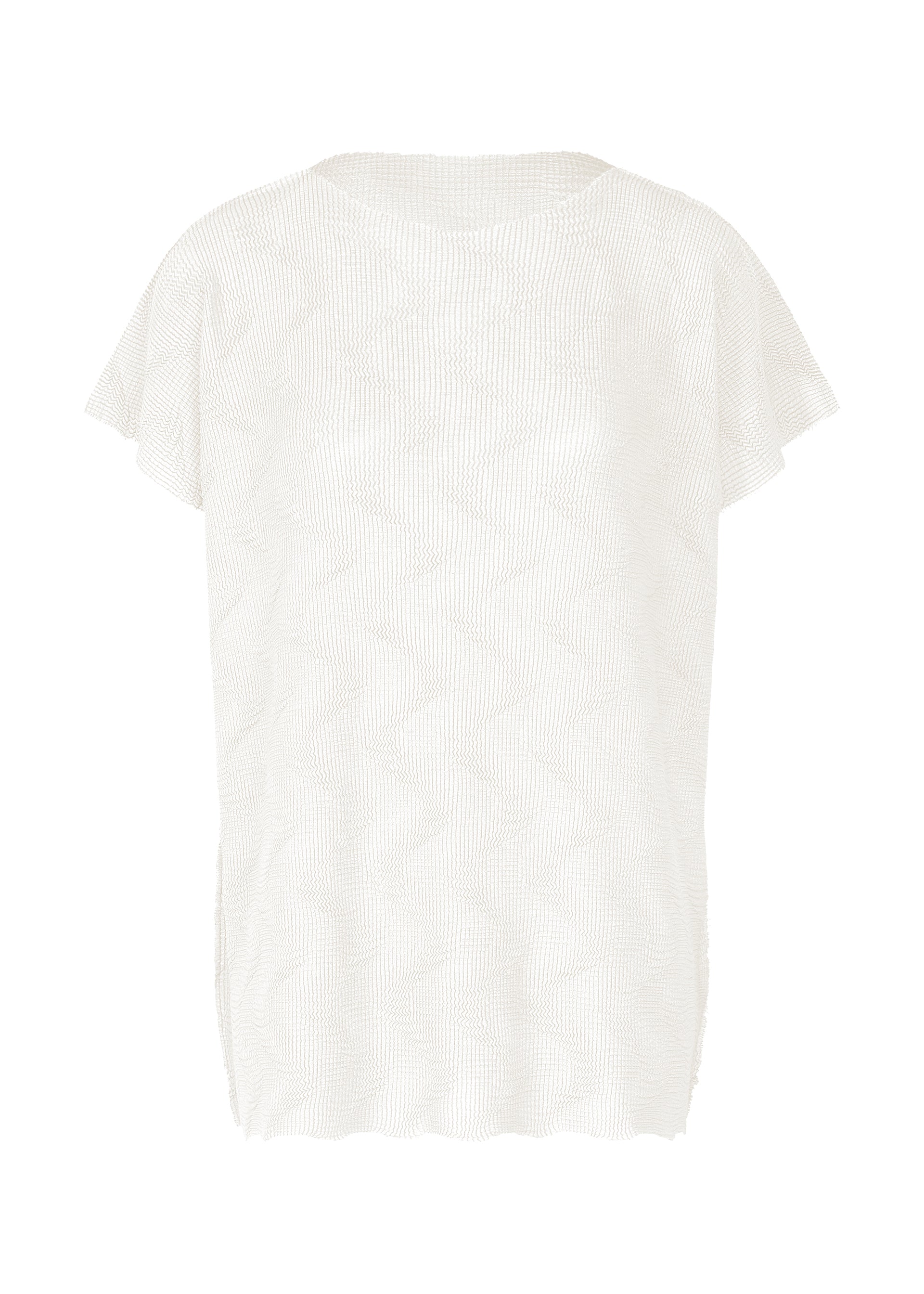 Zoomed view The WAVE KNIT STRETCH PLEATS by me ISSEY MIYAKE is a white, short-sleeved blouse with wave-like textures, a round neckline, minimalist design, slightly flared sleeves, and a straight hem. - WHITE （no.01）