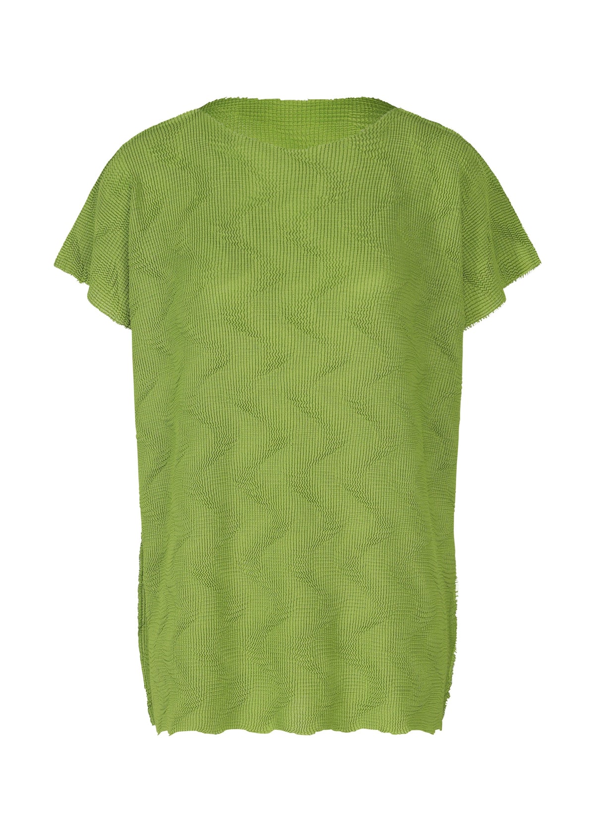 The WAVE KNIT STRETCH PLEATS by me ISSEY MIYAKE is a loose-fitting, French-sleeved green top with a textured wave pattern and round neckline, shown on a white background. view 3 of 8