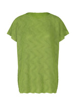 The WAVE KNIT STRETCH PLEATS by me ISSEY MIYAKE is a loose-fitting, French-sleeved green top with a textured wave pattern and round neckline, shown on a white background. - LEAF GREEN （no.60）