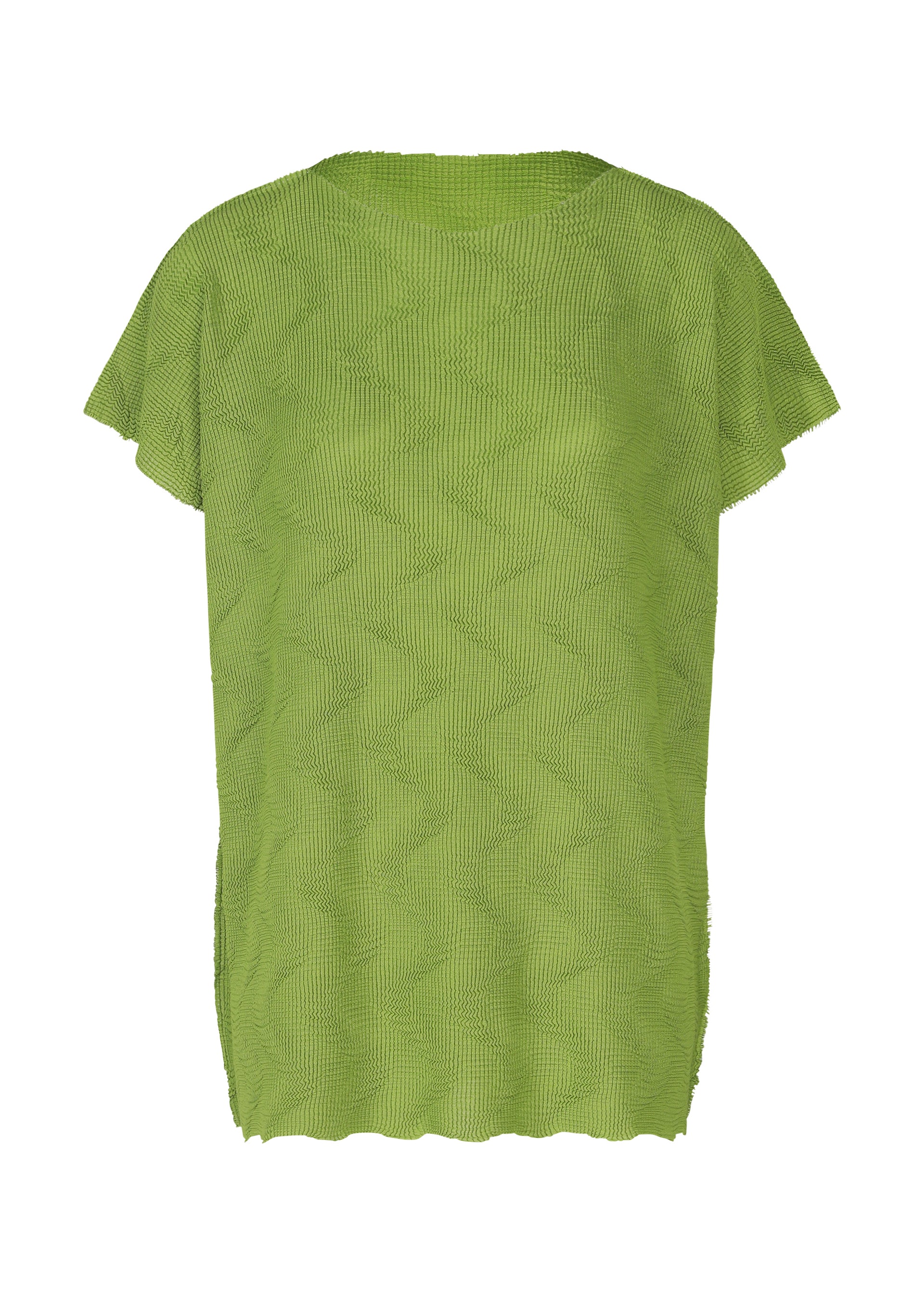 Zoomed view The WAVE KNIT STRETCH PLEATS by me ISSEY MIYAKE is a loose-fitting, French-sleeved green top with a textured wave pattern and round neckline, shown on a white background. - LEAF GREEN （no.60）