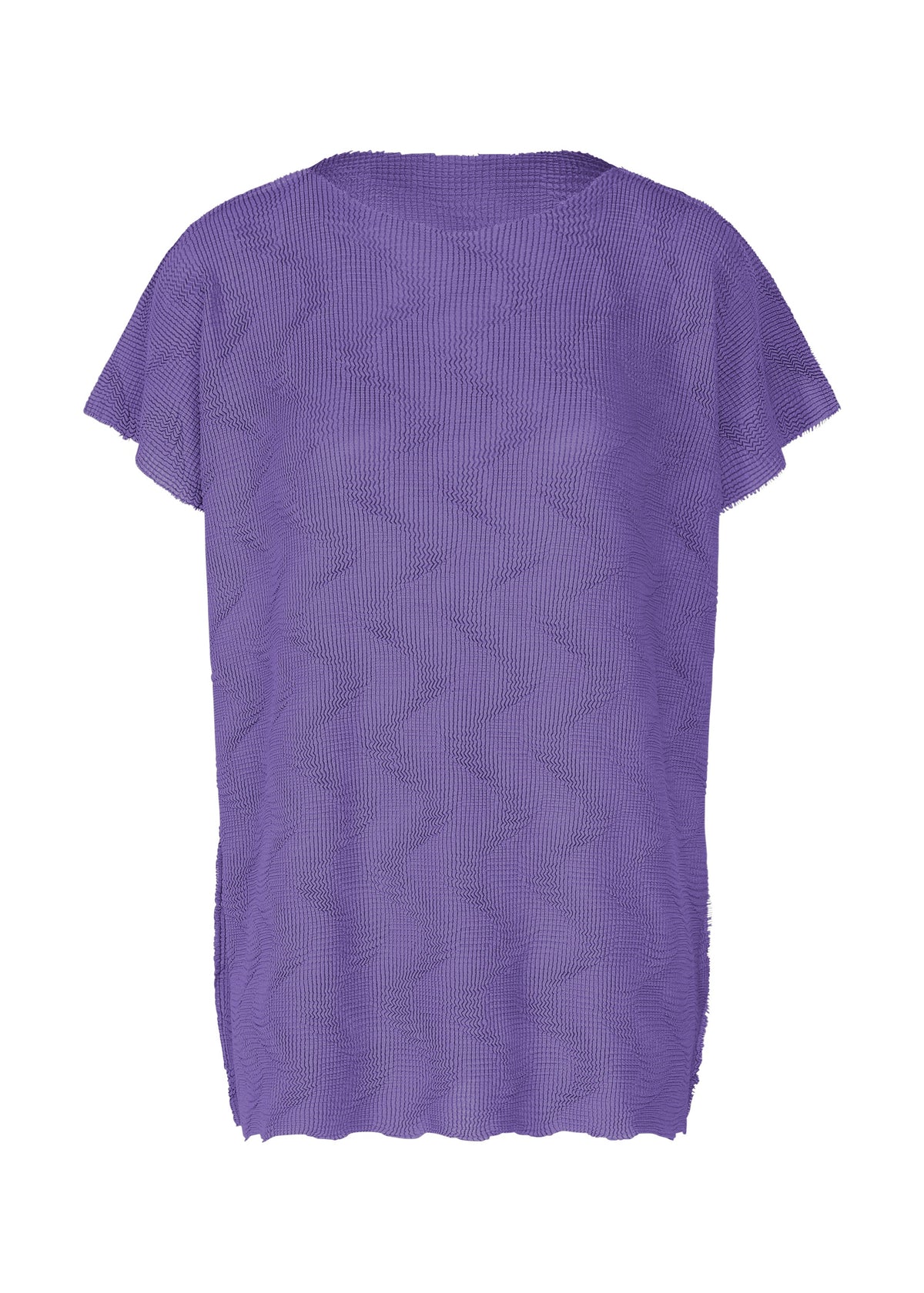 The me ISSEY MIYAKE WAVE KNIT STRETCH PLEATS is a textured purple French-sleeved top with a round neckline, loose fit, and subtle wave-like patterns, shown against a white background. view 4 of 8