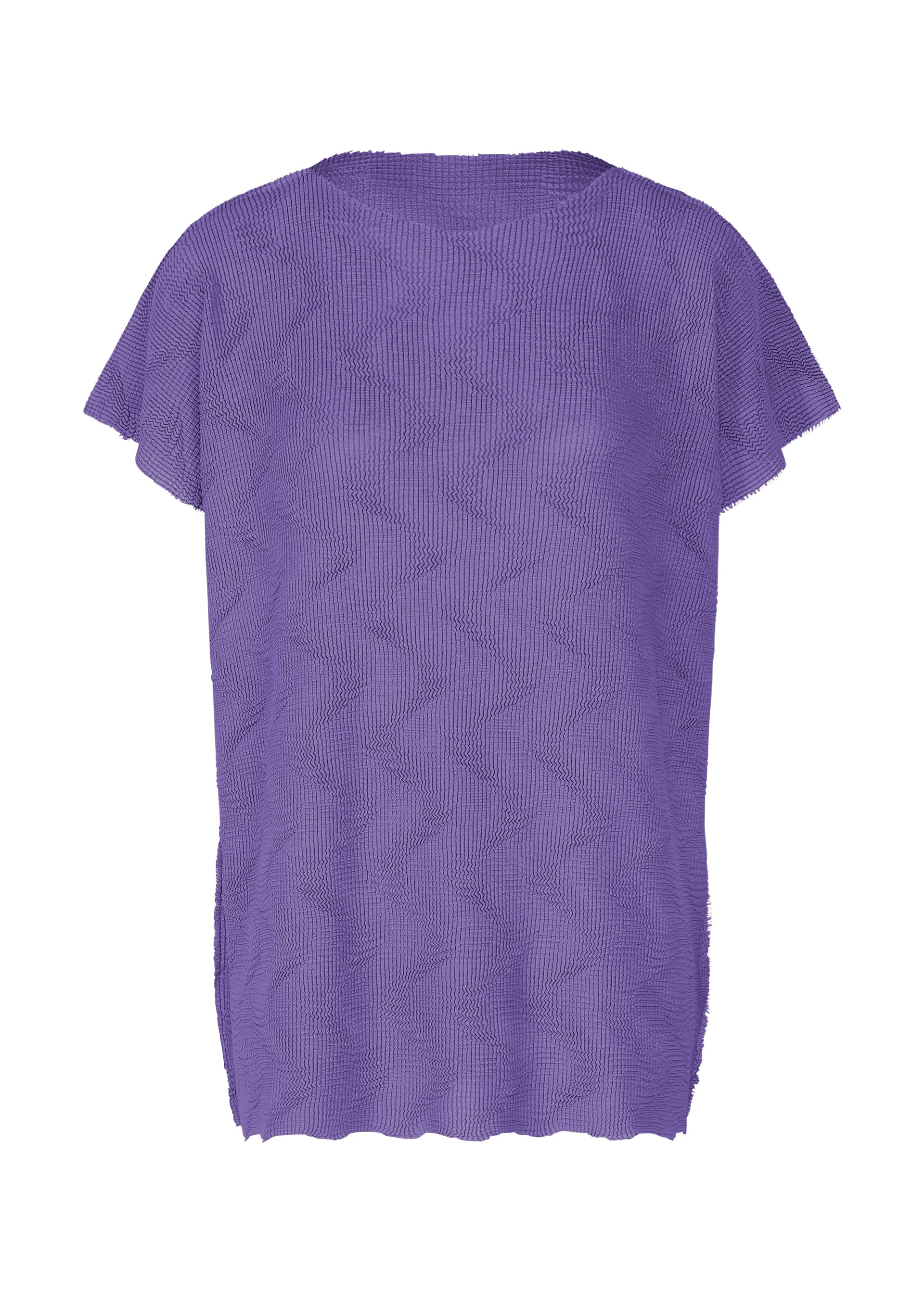 Zoomed view The me ISSEY MIYAKE WAVE KNIT STRETCH PLEATS is a textured purple French-sleeved top with a round neckline, loose fit, and subtle wave-like patterns, shown against a white background. - VIOLET （no.82）