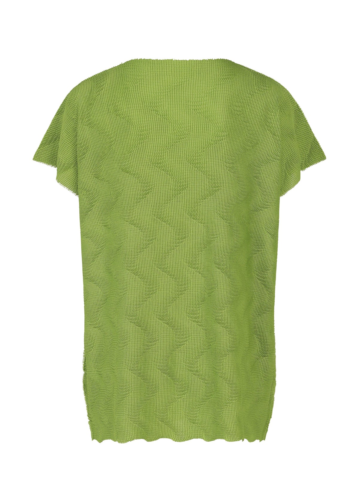 The WAVE KNIT STRETCH PLEATS by me ISSEY MIYAKE is a green, short-sleeved top with subtle wave-like textures and a loose, straight cut, shown from the back. view 5 of 8