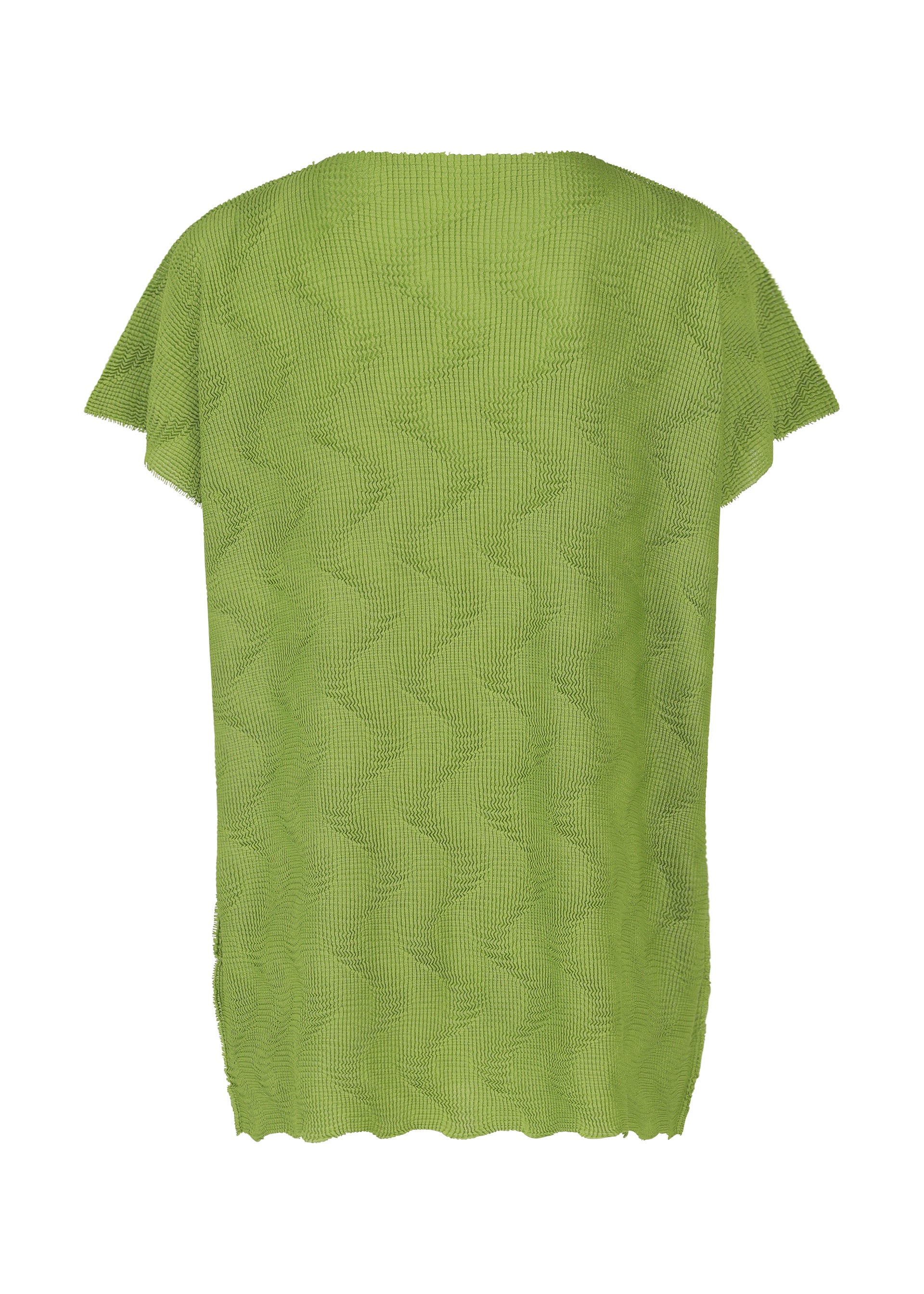 Zoomed view The WAVE KNIT STRETCH PLEATS by me ISSEY MIYAKE is a green, short-sleeved top with subtle wave-like textures and a loose, straight cut, shown from the back.