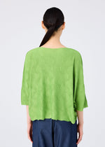 A person with long dark hair in a low ponytail is seen from the back, wearing me ISSEY MIYAKE’s WAVE KNIT STRETCH PLEATS top in light green and dark blue pants against a plain light background.