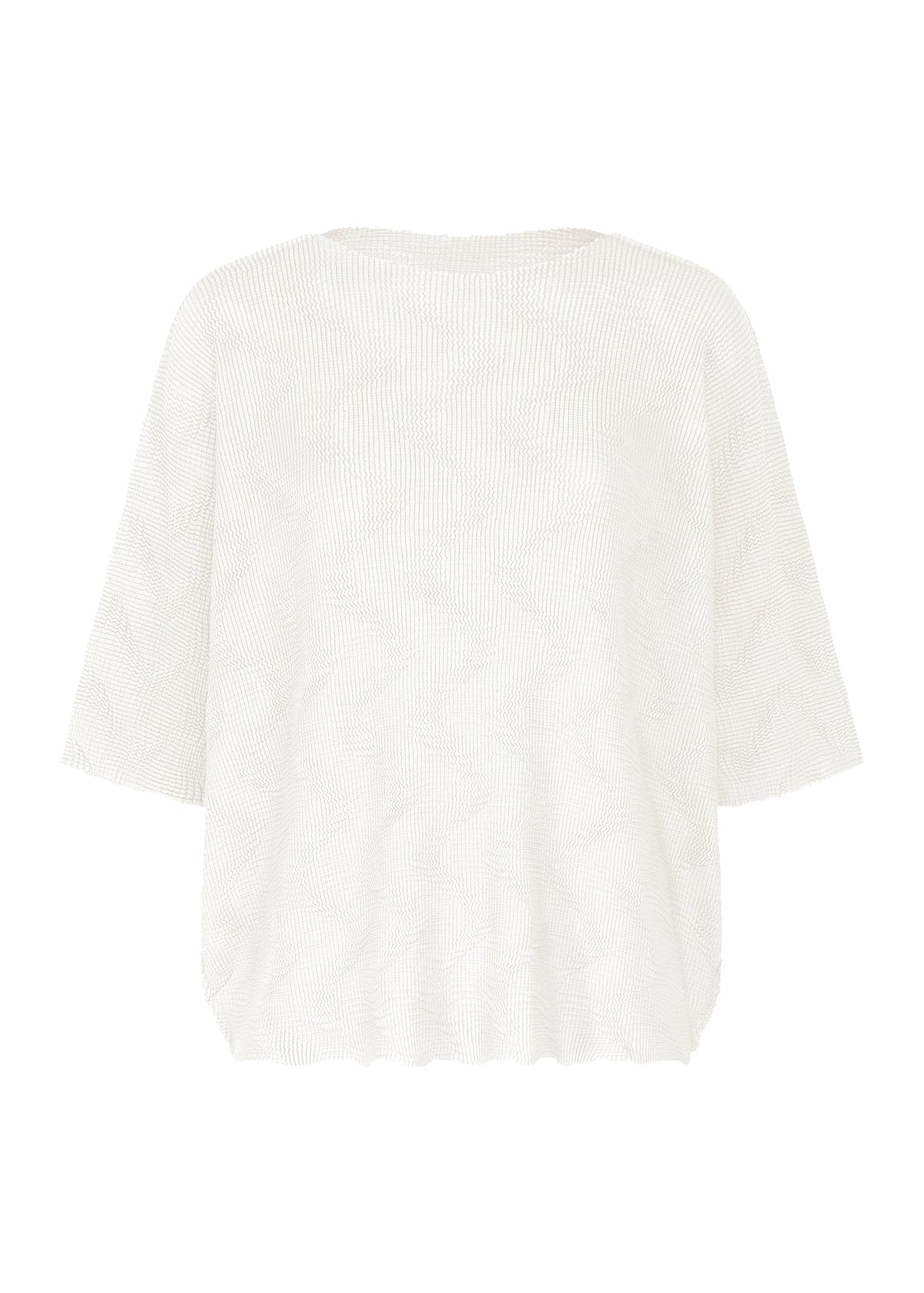 The WAVE KNIT STRETCH PLEATS top by me ISSEY MIYAKE is a loose-fitting, short-sleeved white piece with a subtle textured pattern, round neckline, and relaxed silhouette, shown against a plain white background. view 1 of 9