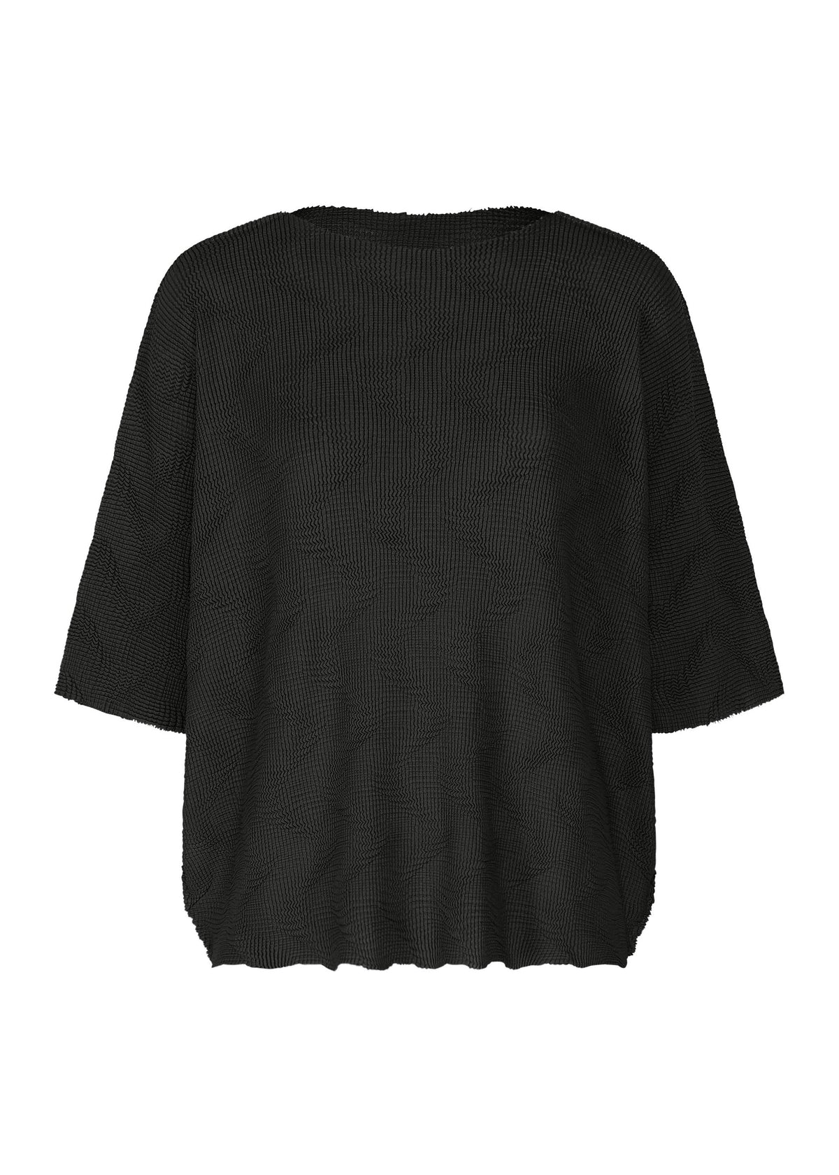The WAVE KNIT STRETCH PLEATS by me ISSEY MIYAKE is a loose-fitting black pleated top with a textured finish, round neckline, and wavy hem, shown against a white background. view 2 of 9
