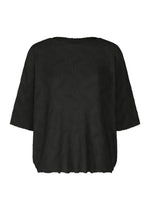 The WAVE KNIT STRETCH PLEATS by me ISSEY MIYAKE is a loose-fitting black pleated top with a textured finish, round neckline, and wavy hem, shown against a white background. - BLACK （no.15）
