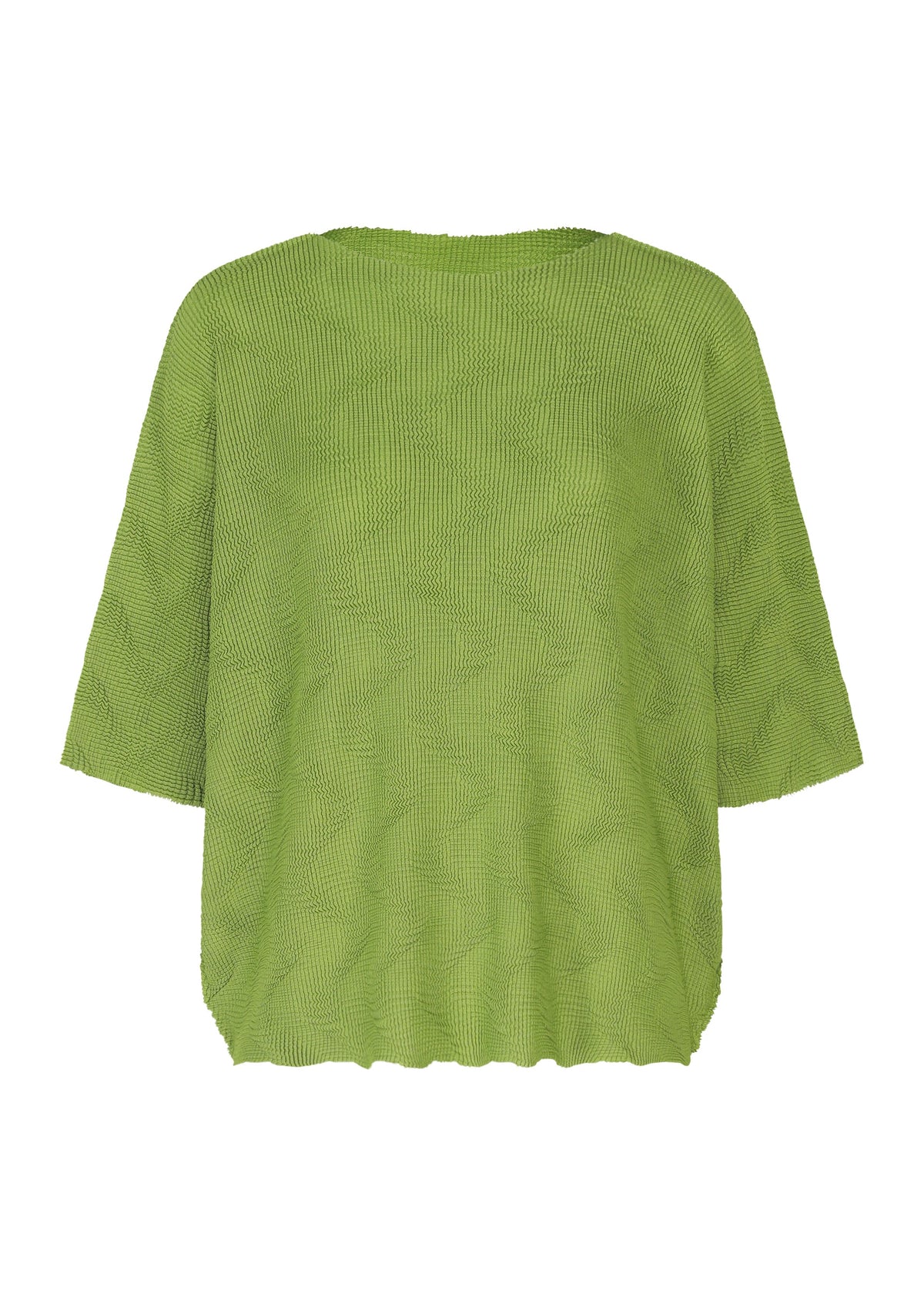 The WAVE KNIT STRETCH PLEATS top by me ISSEY MIYAKE is a loose-fitting, textured green pleated knit with half sleeves and a subtle geometric pattern, shown on a plain white background. Relaxed, casual style with no visible fastenings or embellishments. view 3 of 9