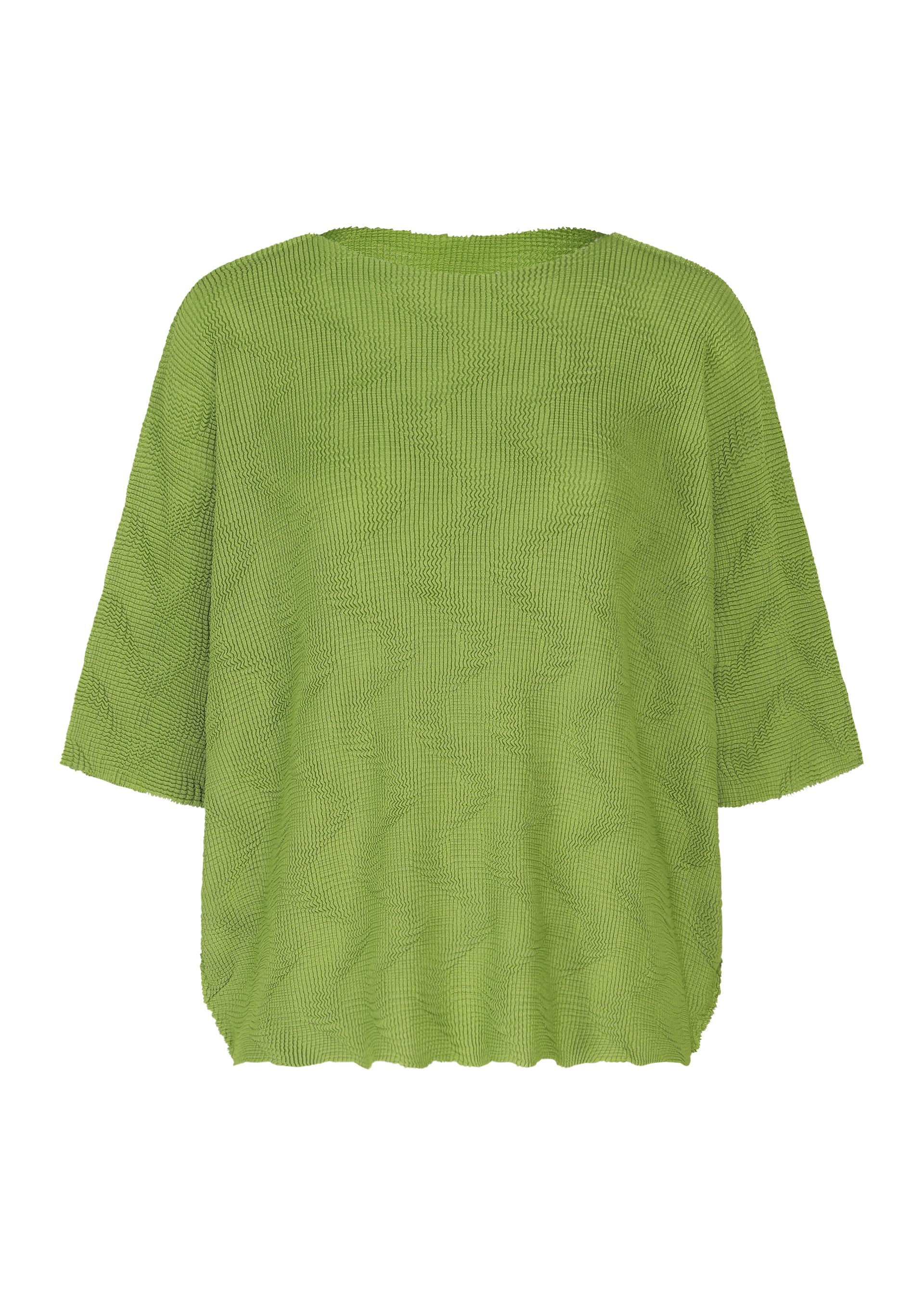 Zoomed view The WAVE KNIT STRETCH PLEATS top by me ISSEY MIYAKE is a loose-fitting, textured green pleated knit with half sleeves and a subtle geometric pattern, shown on a plain white background. Relaxed, casual style with no visible fastenings or embellishments. - LEAF GREEN （no.60）