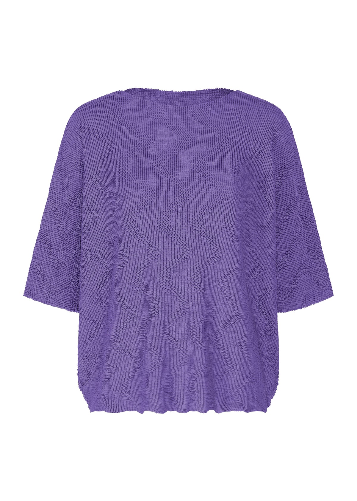 The WAVE KNIT STRETCH PLEATS by me ISSEY MIYAKE is a loose, short-sleeved knit top in solid purple with pleats, made from textured crinkled fabric and shown against a white background. view 4 of 9