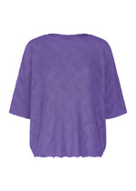 The WAVE KNIT STRETCH PLEATS by me ISSEY MIYAKE is a loose, short-sleeved knit top in solid purple with pleats, made from textured crinkled fabric and shown against a white background. - VIOLET （no.82）