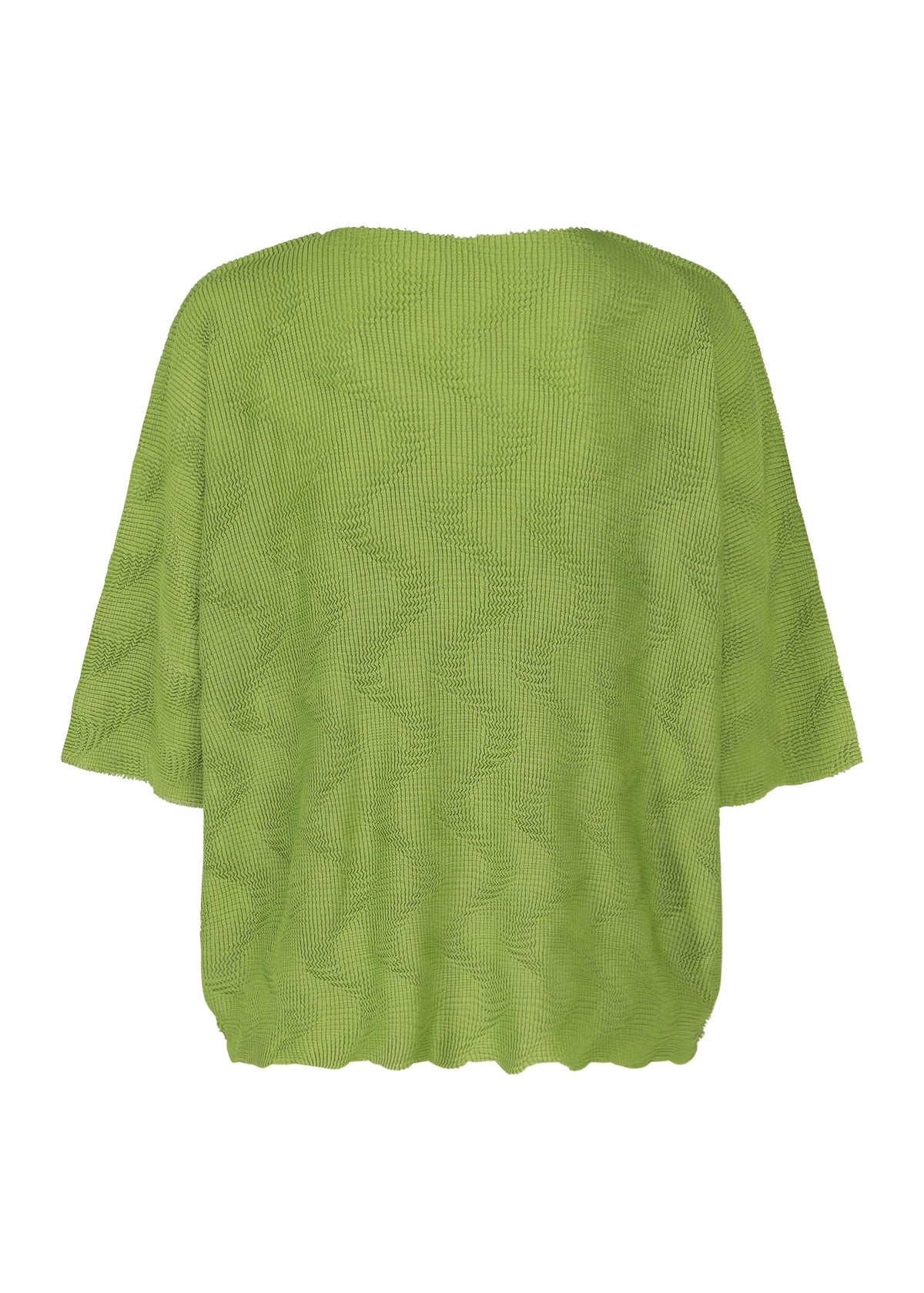 The me ISSEY MIYAKE WAVE KNIT STRETCH PLEATS is a light green, loose-fit knit top with short sleeves, pleated texture, and a wavy hem, shown in a relaxed silhouette against a white background. view 5 of 9