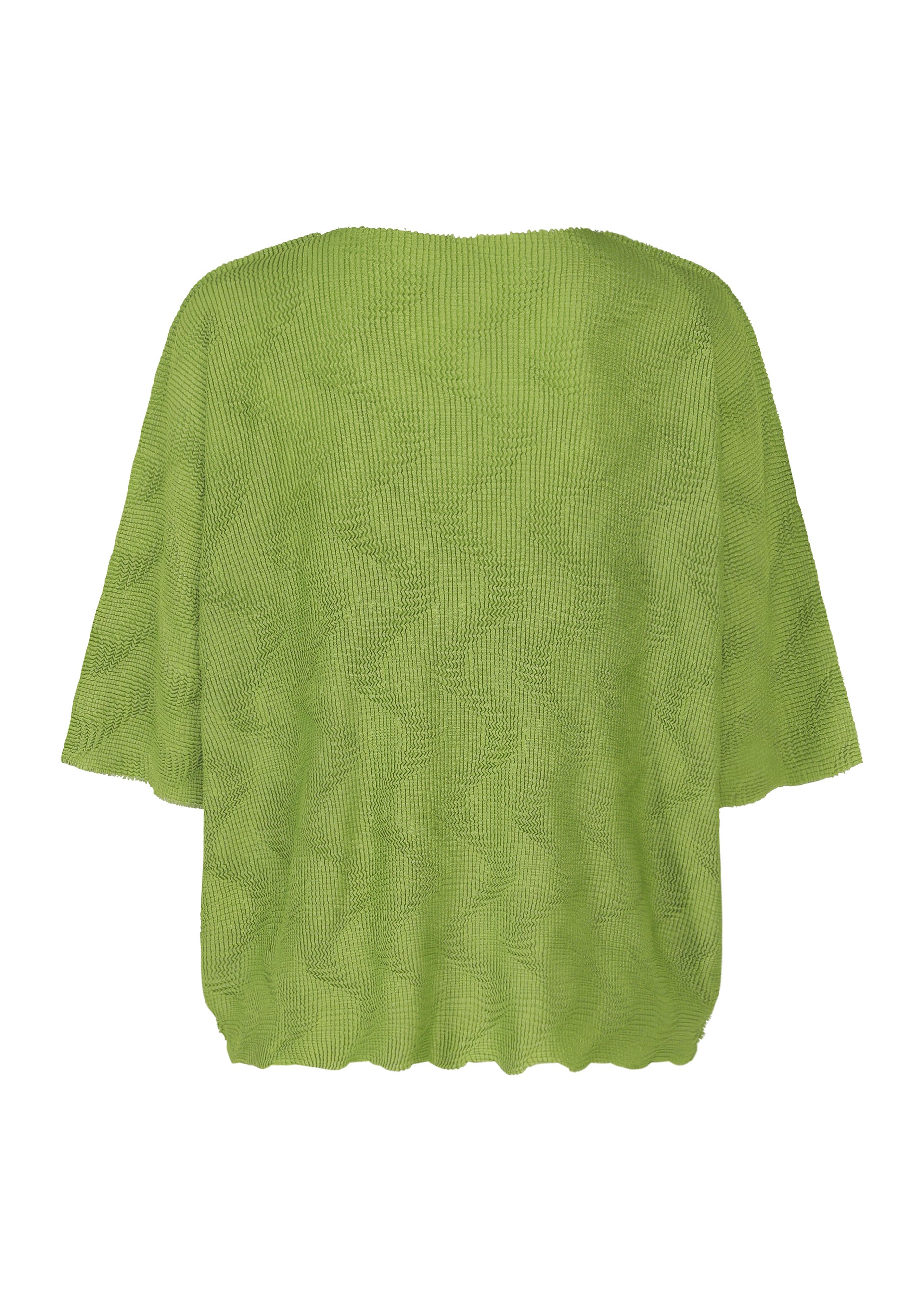 Zoomed view The me ISSEY MIYAKE WAVE KNIT STRETCH PLEATS is a light green, loose-fit knit top with short sleeves, pleated texture, and a wavy hem, shown in a relaxed silhouette against a white background.