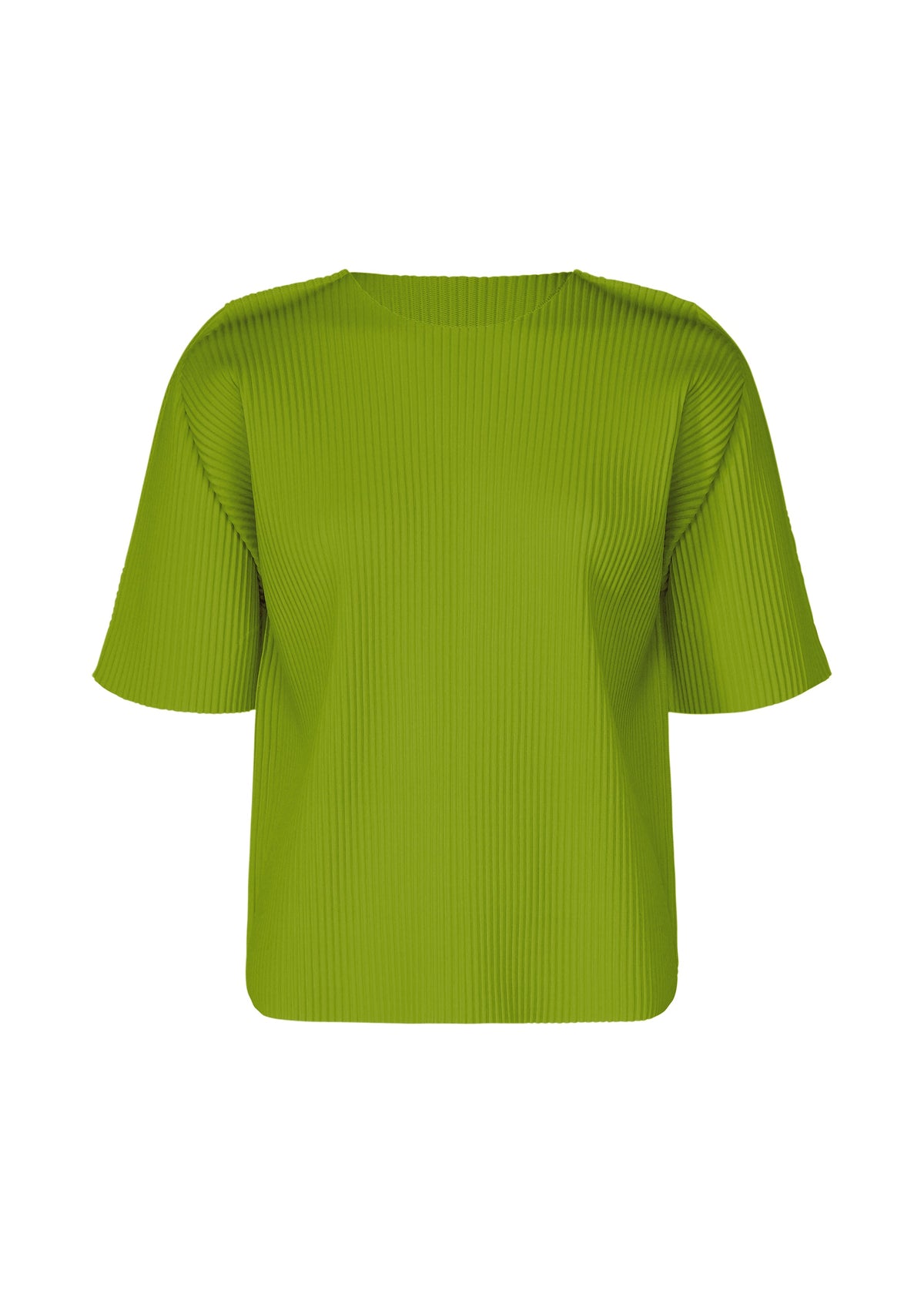 The ROUND PLEATS by me ISSEY MIYAKE is a short-sleeved, bright green knit top with fine pleats, a round neckline, textured fabric, and a loose boxy fit. It has no visible buttons or fastenings. view 2 of 7