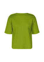 The ROUND PLEATS by me ISSEY MIYAKE is a short-sleeved, bright green knit top with fine pleats, a round neckline, textured fabric, and a loose boxy fit. It has no visible buttons or fastenings. - LEAF GREEN （no.60）