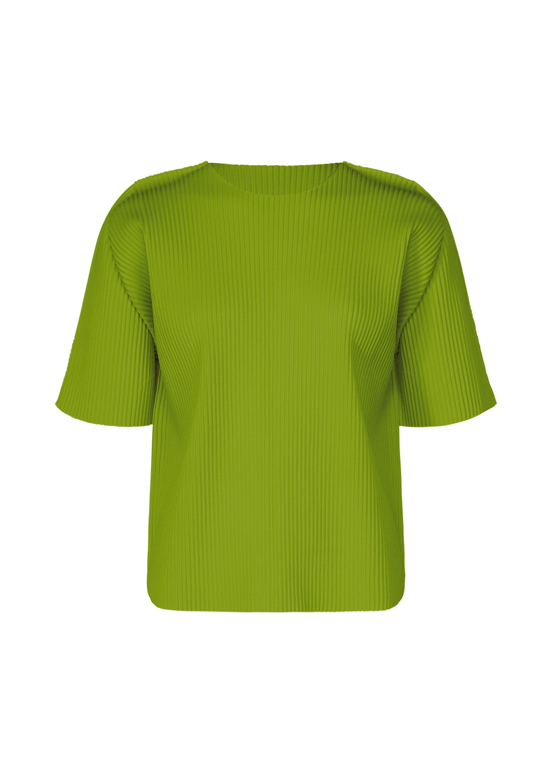 Zoomed view The ROUND PLEATS by me ISSEY MIYAKE is a short-sleeved, bright green knit top with fine pleats, a round neckline, textured fabric, and a loose boxy fit. It has no visible buttons or fastenings. - LEAF GREEN （no.60）
