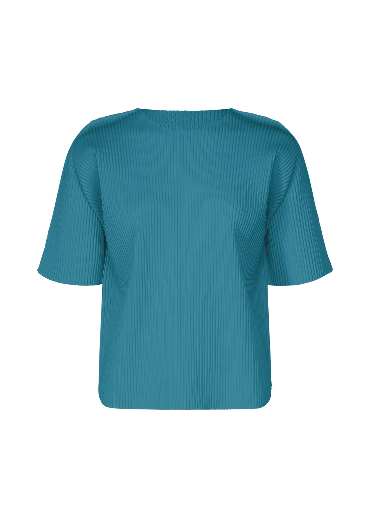 The ROUND PLEATS by me ISSEY MIYAKE is a teal short-sleeved top with a round neckline, featuring fine pleats in textured knit, shown against a plain white background. view 3 of 7