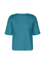 The ROUND PLEATS by me ISSEY MIYAKE is a teal short-sleeved top with a round neckline, featuring fine pleats in textured knit, shown against a plain white background. - NIGHT BLUE （no.71）