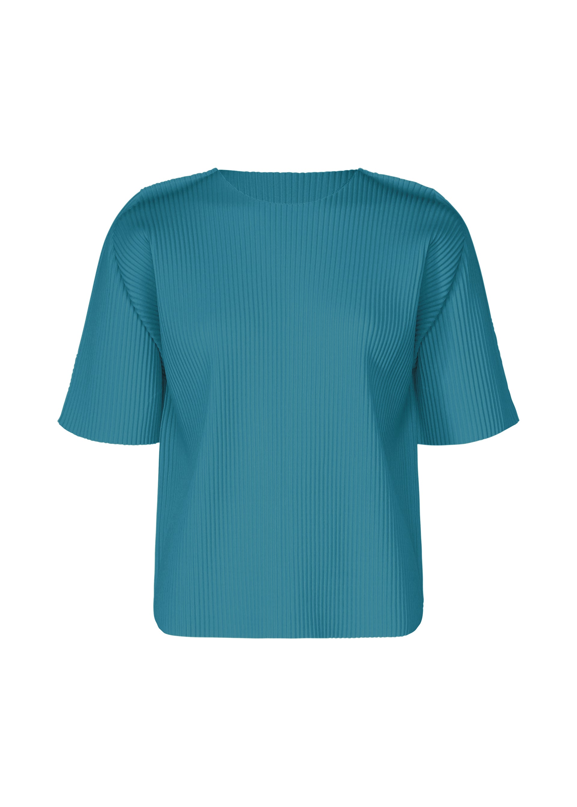 Zoomed view The ROUND PLEATS by me ISSEY MIYAKE is a teal short-sleeved top with a round neckline, featuring fine pleats in textured knit, shown against a plain white background. - NIGHT BLUE （no.71）