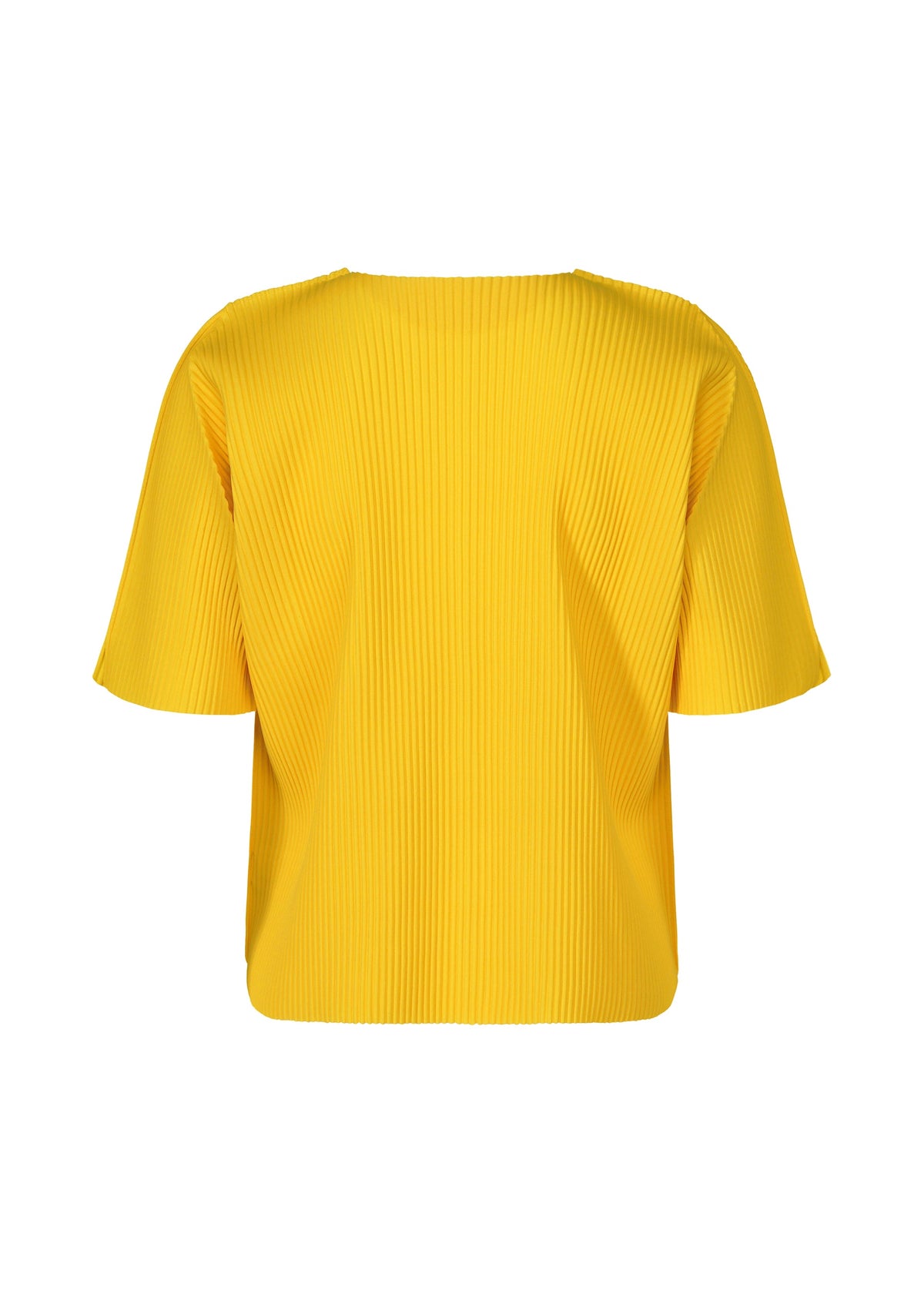 The ROUND PLEATS top by me ISSEY MIYAKE, in bright yellow, features short sleeves, a loose fit, round neckline, and stylish fine knit pleats, shown against a white background. view 4 of 7