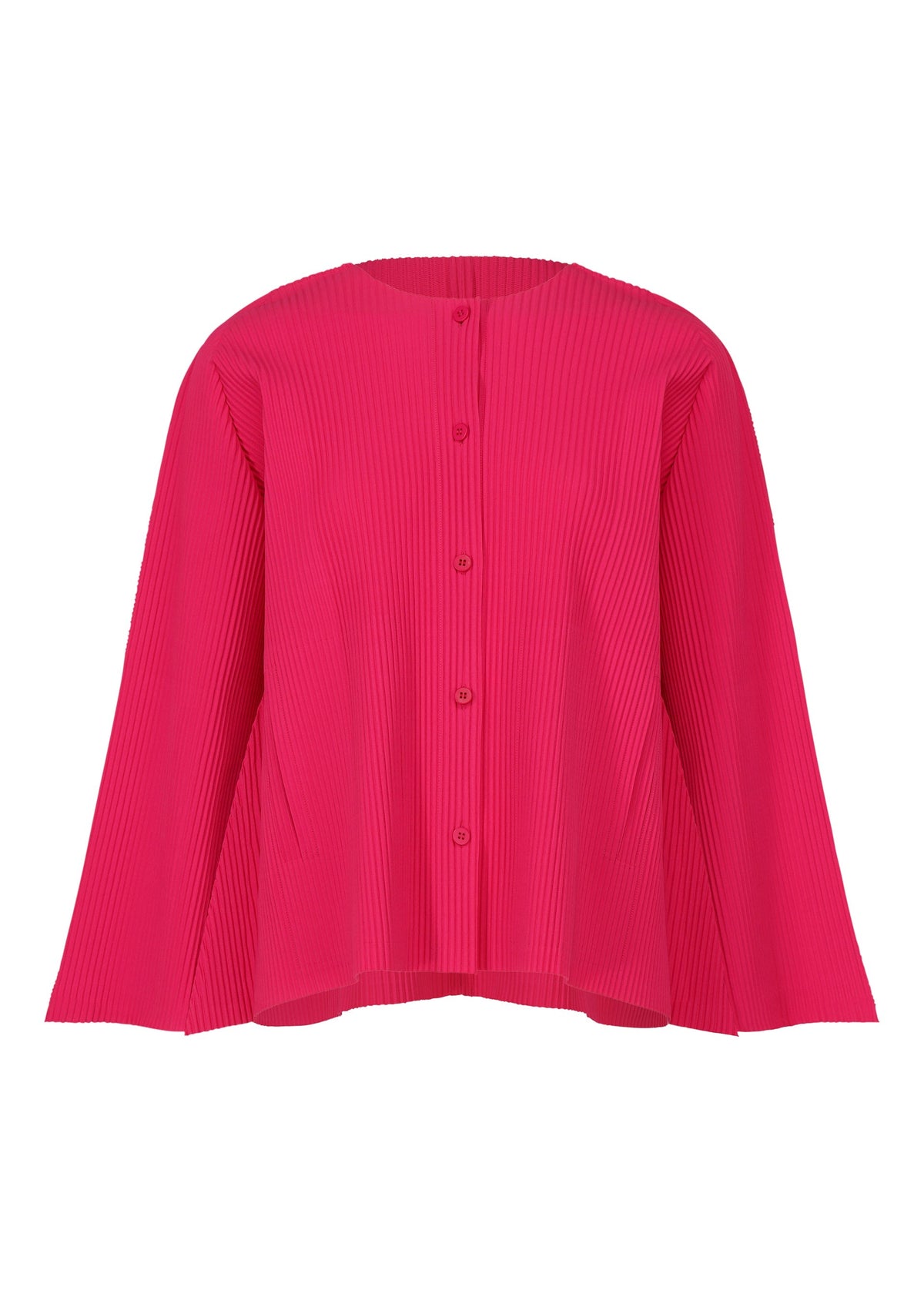 The FLARE PLEATS by me ISSEY MIYAKE is a bright pink, long-sleeved knit cardigan featuring pleats, a round neckline, front buttons, and textured ribbed fabric for a loose, flowing fit with effortless style. view 2 of 9