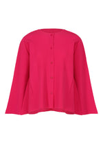 The FLARE PLEATS by me ISSEY MIYAKE is a bright pink, long-sleeved knit cardigan featuring pleats, a round neckline, front buttons, and textured ribbed fabric for a loose, flowing fit with effortless style. - RASPBERRY （no.23）