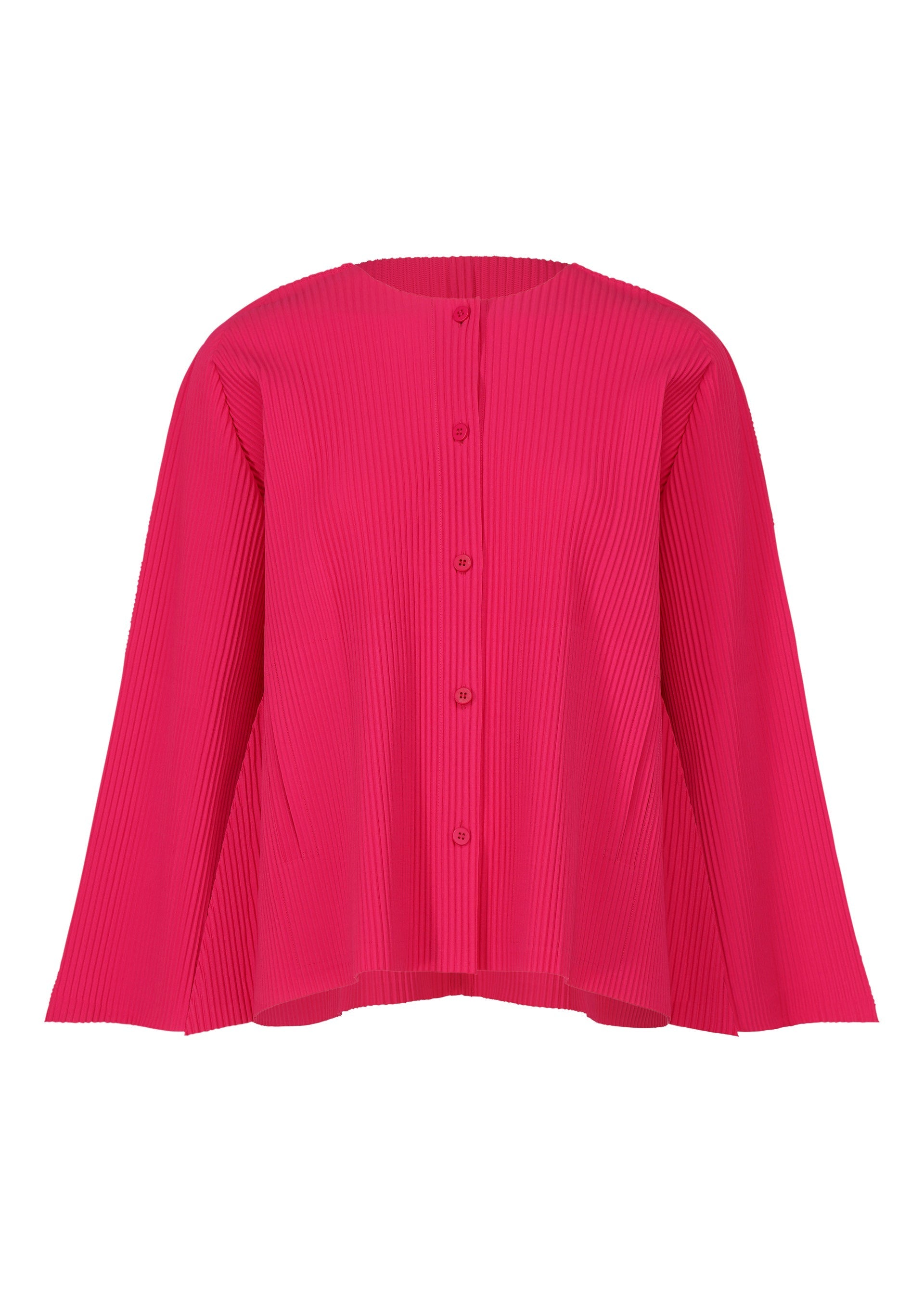 Zoomed view The FLARE PLEATS by me ISSEY MIYAKE is a bright pink, long-sleeved knit cardigan featuring pleats, a round neckline, front buttons, and textured ribbed fabric for a loose, flowing fit with effortless style. - RASPBERRY （no.23）
