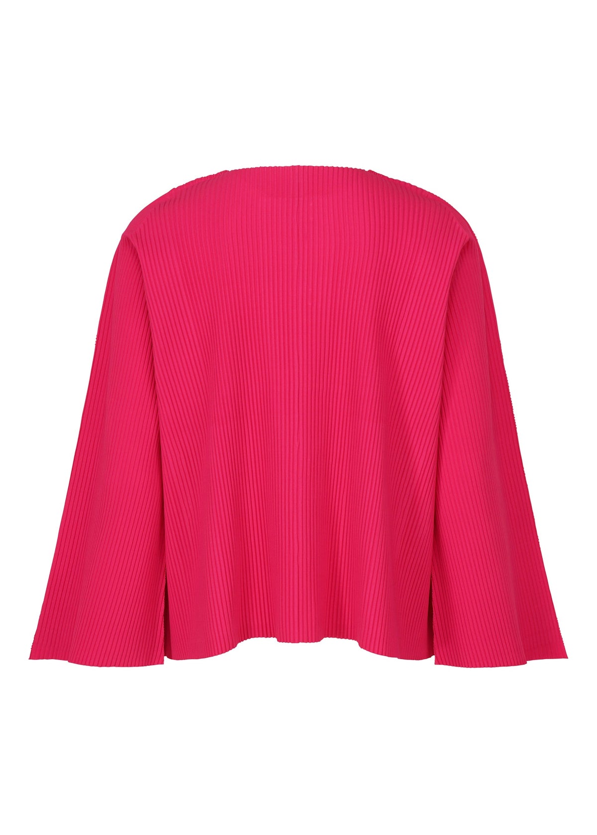 The FLARE PLEATS cardigan by me ISSEY MIYAKE is a bright pink, loose-fit knit with wide sleeves and long pleated details, shown from the back. view 4 of 9