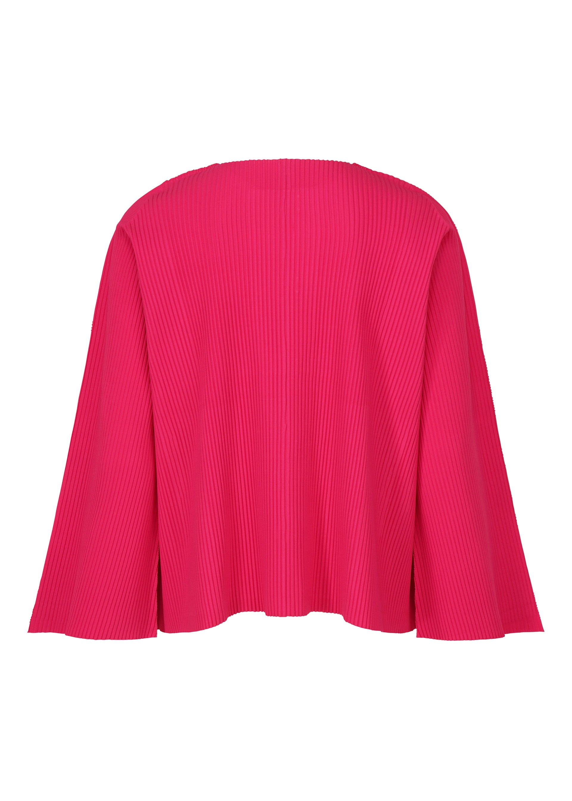 Zoomed view The FLARE PLEATS cardigan by me ISSEY MIYAKE is a bright pink, loose-fit knit with wide sleeves and long pleated details, shown from the back.