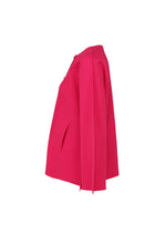 Side view of the FLARE PLEATS cardigan by me ISSEY MIYAKE in bright pink, lightweight with long sleeves, collar, single front pocket, and ribbed details, displayed on a plain white background.